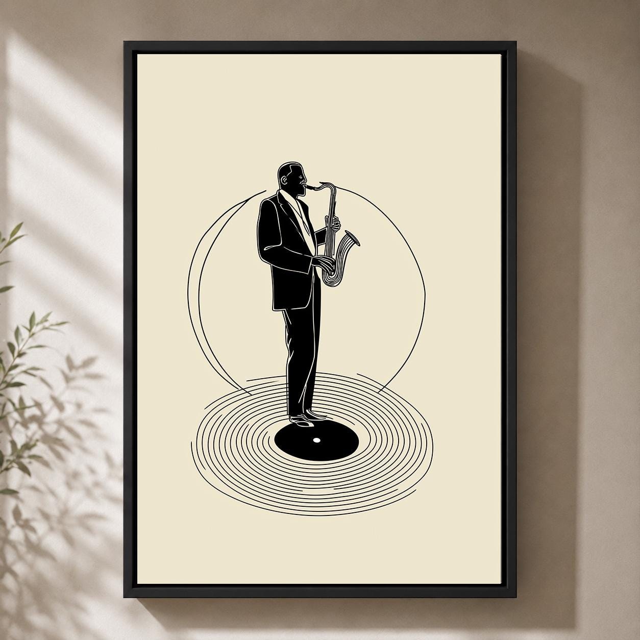 Jazz Saxophone Vinyl Record Retro Music Sax Player Framed Canvas by The Wall Art Studio - physical
