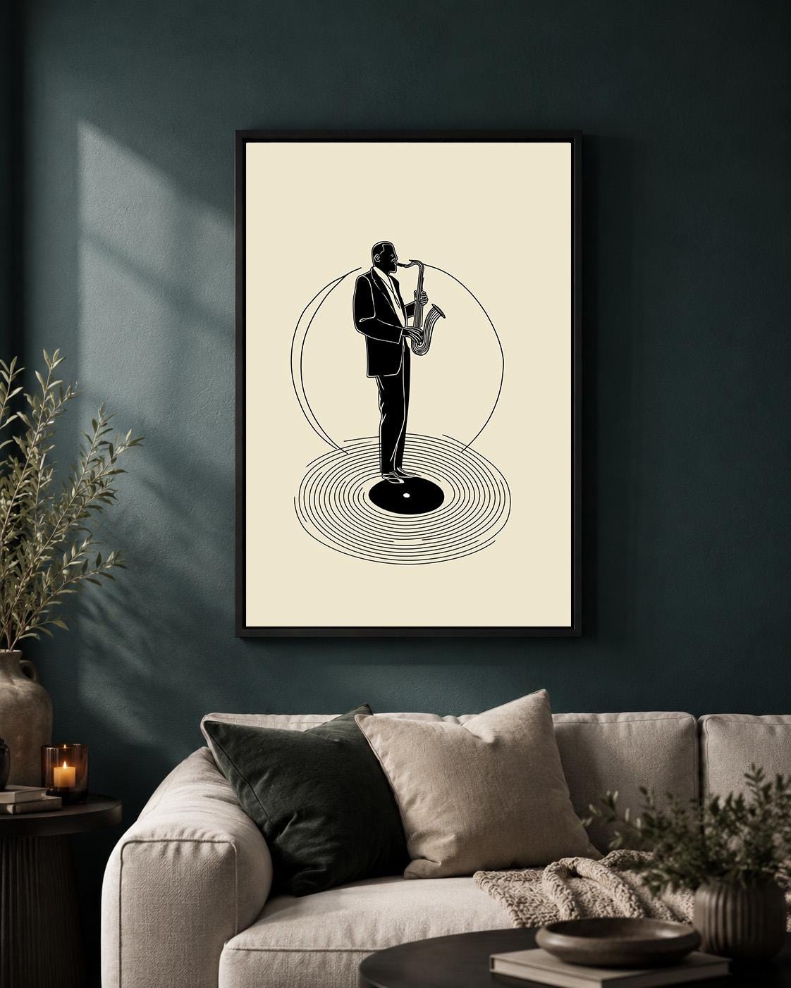 Jazz Saxophone Vinyl Record Retro Music Sax Player Framed Canvas by The Wall Art Studio - physical