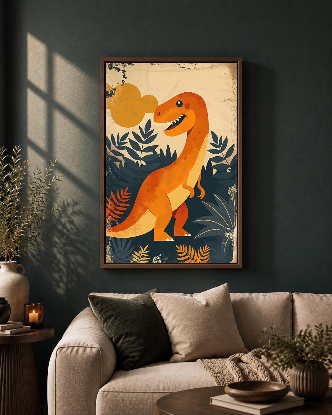 Orange T Rex Dinosaur Prehistoric Kids Nursery Framed Canvas by The Wall Art Studio - physical