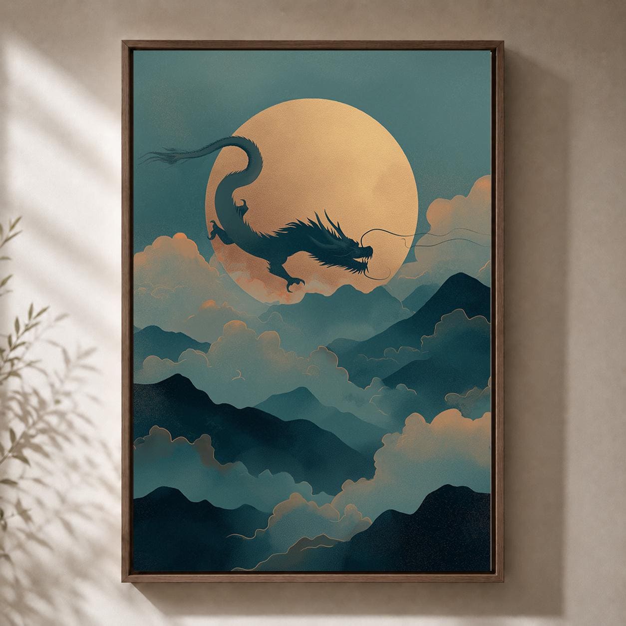 Chinese Moon Dragon Oriental Fantasy Asian Inspired Framed Canvas by The Wall Art Studio - physical