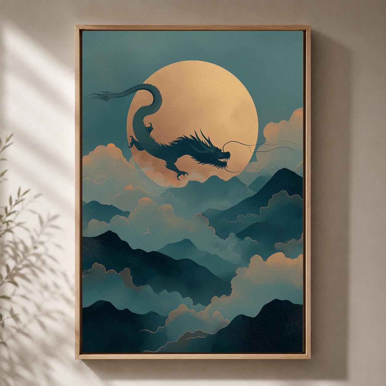 Chinese Moon Dragon Oriental Fantasy Asian Inspired Framed Canvas by The Wall Art Studio - physical