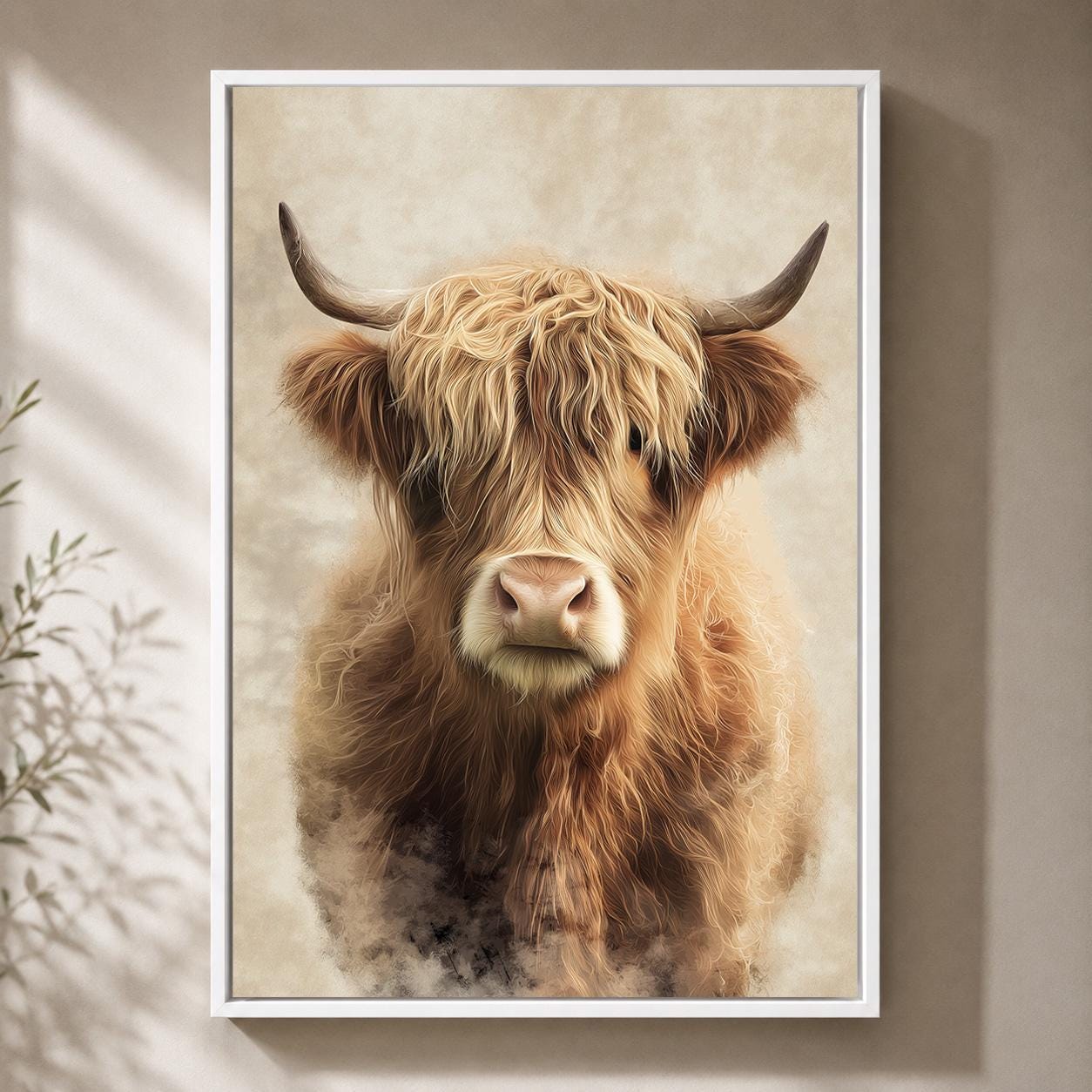 Highland Cow Neutral Farmhouse Scottish Highland Cattle Framed Canvas by The Wall Art Studio - physical