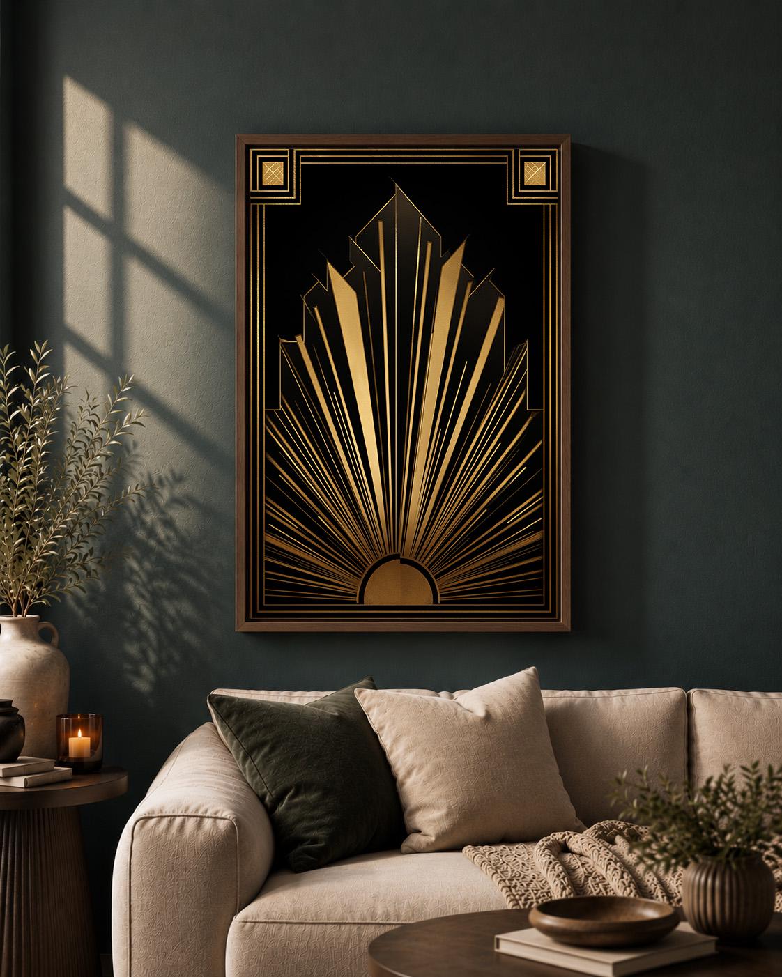 Black and Gold Art Deco Geometric Sunburst Gatsby Style Framed Canvas