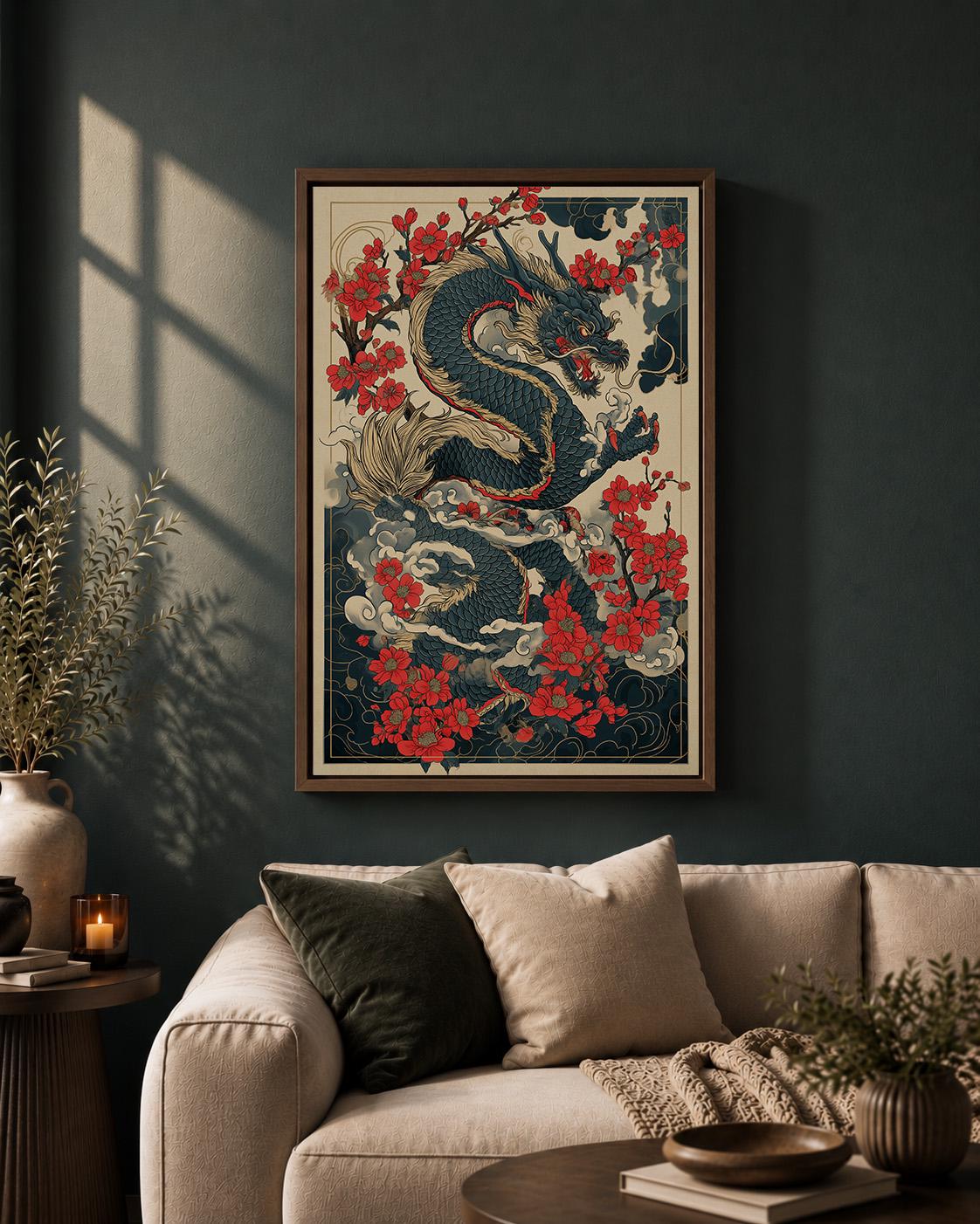 Japanese Dragon Red Blossom Oriental Asian Framed Canvas
