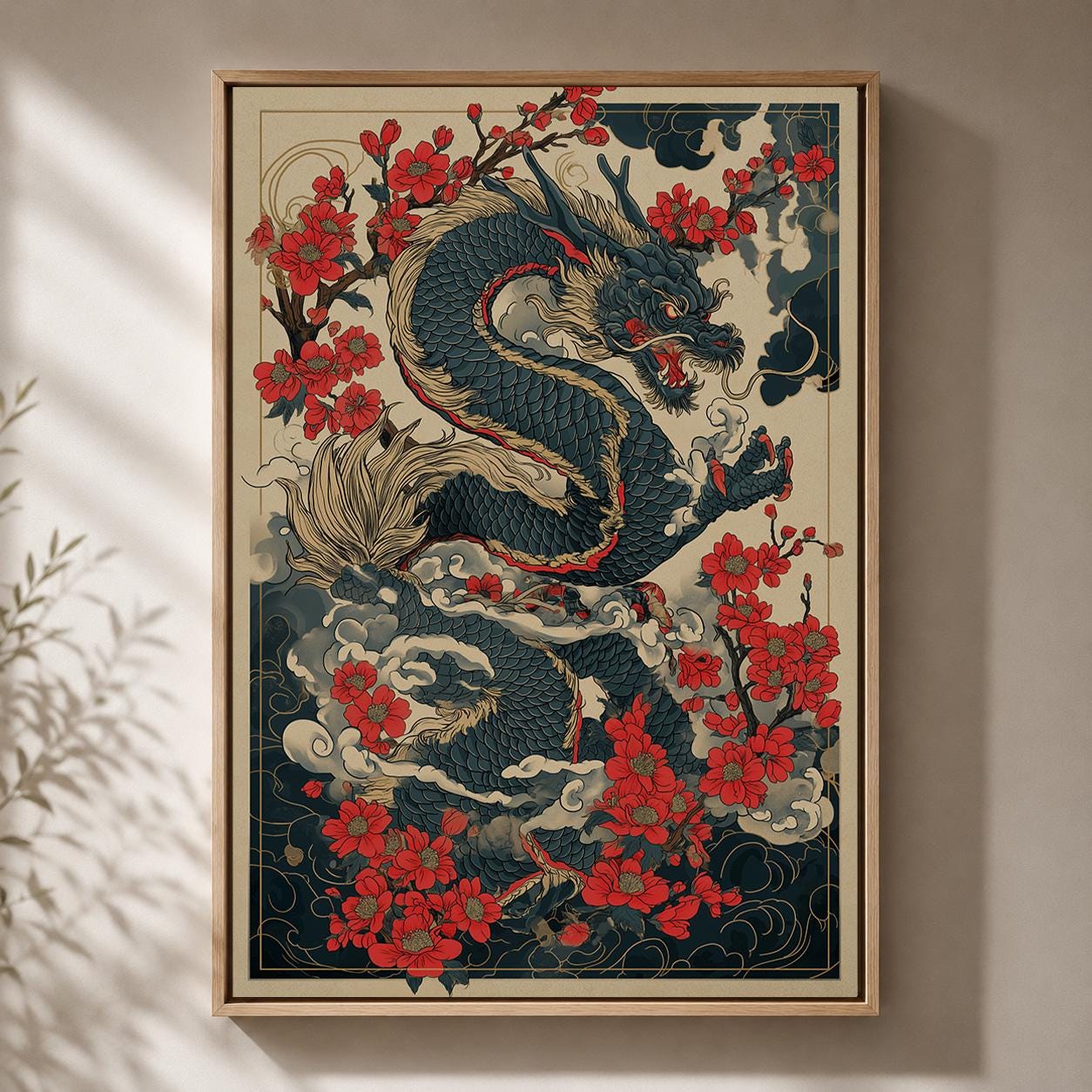 Japanese Dragon Red Blossom Oriental Asian Framed Canvas