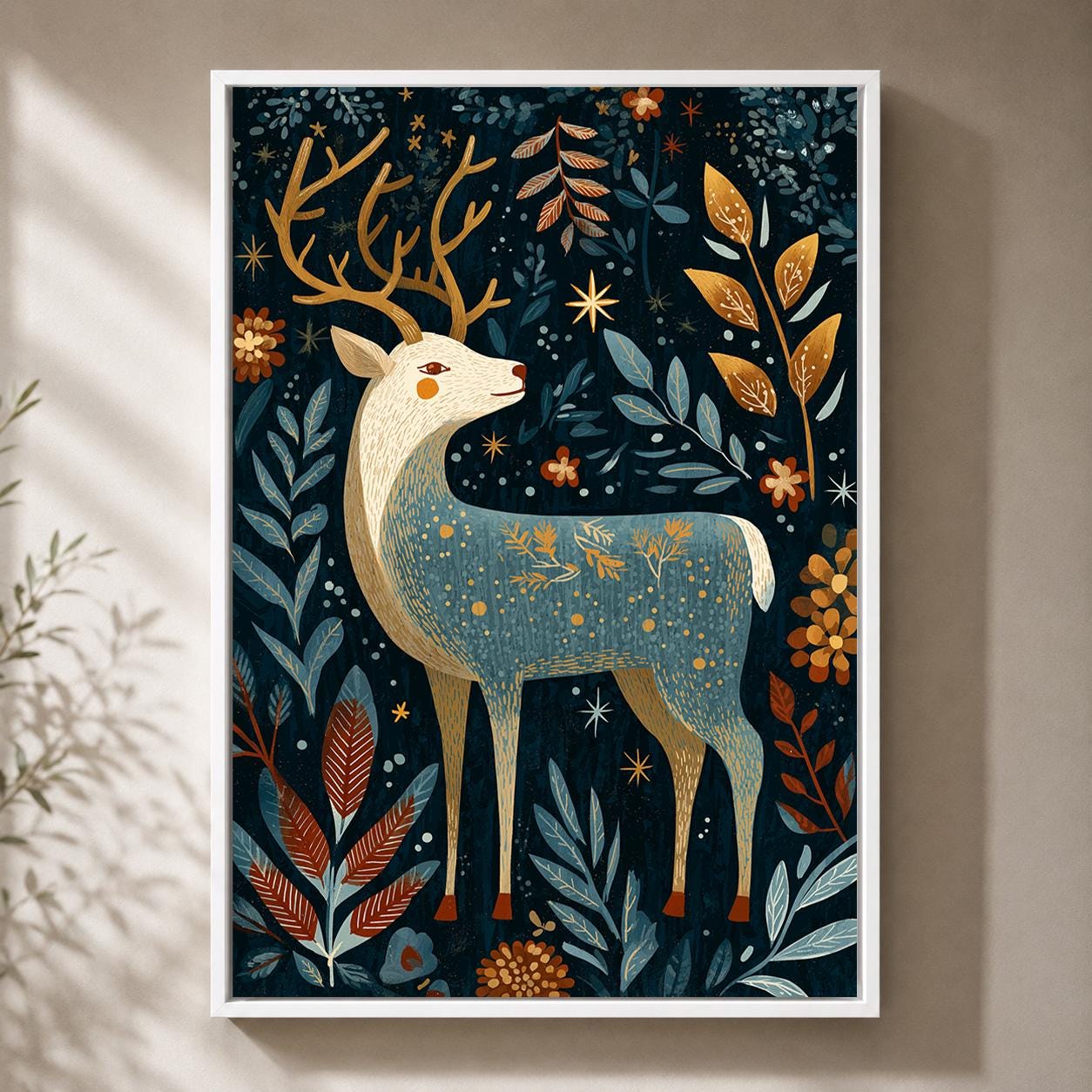 Folk Art Reindeer Scandinavian Christmas Festive Framed Canvas by The Wall Art Studio - physical