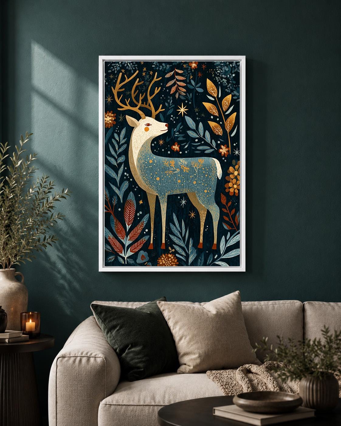 Folk Art Reindeer Scandinavian Christmas Festive Framed Canvas by The Wall Art Studio - physical
