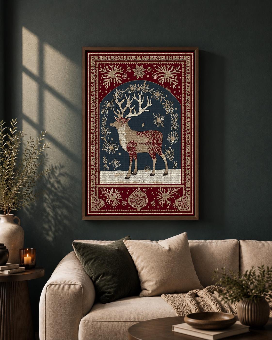 Vintage Reindeer Folk Art Scandinavian Christmas Framed Canvas by The Wall Art Studio - physical
