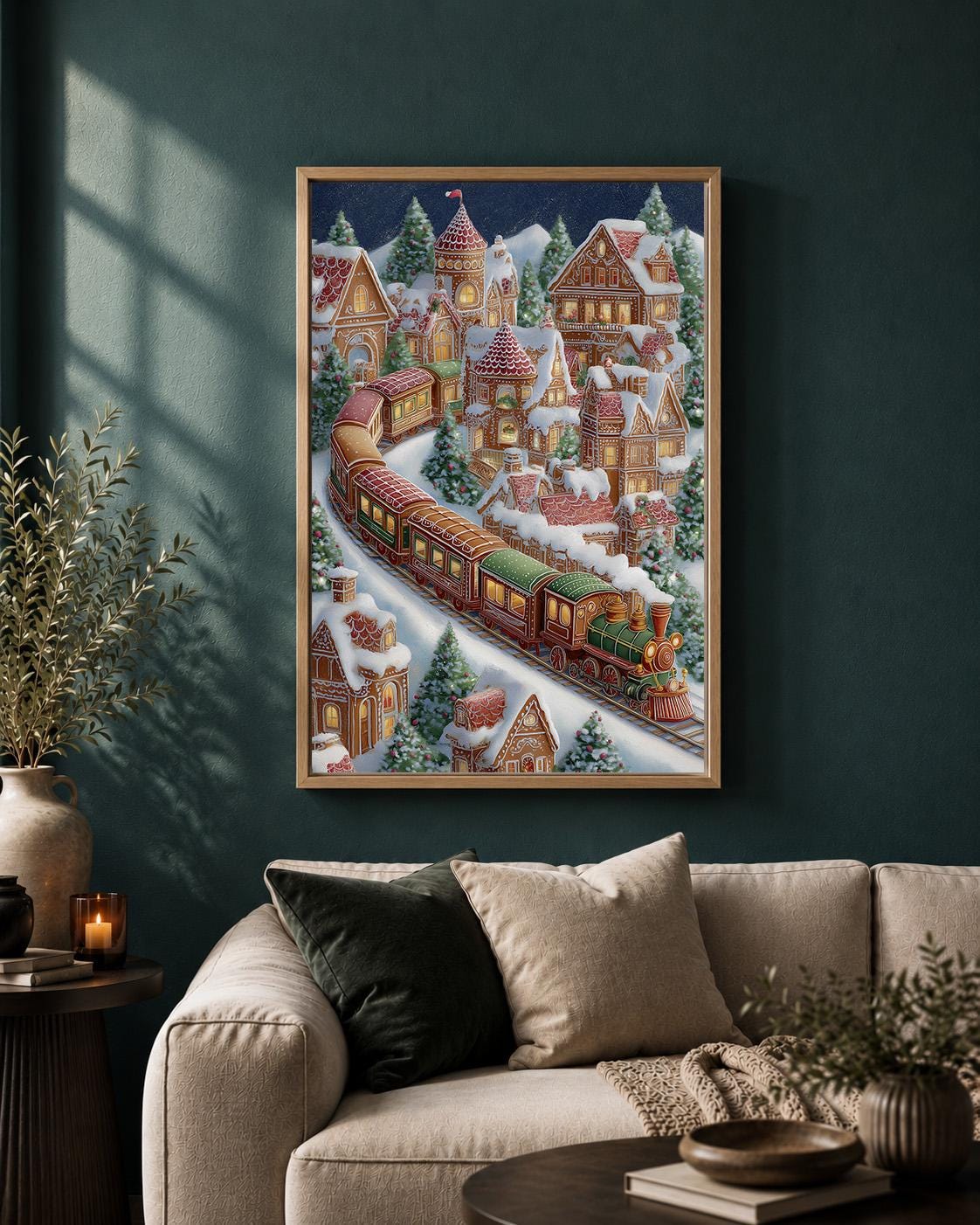 Gingerbread Village Christmas Train Framed Canvas by The Wall Art Studio - physical