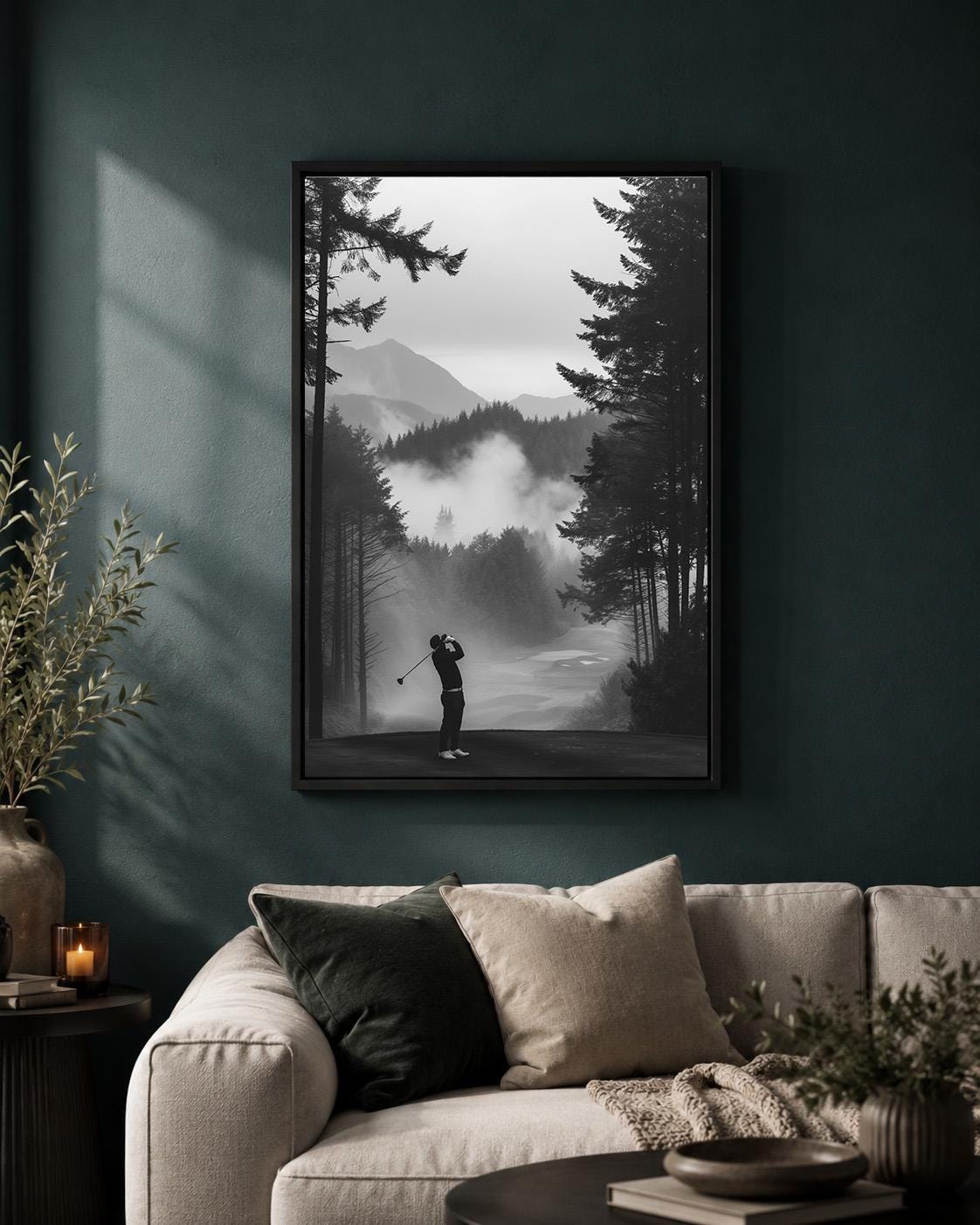 Misty Forest Golf Course Black and White Golfer Framed Canvas by The Wall Art Studio - physical