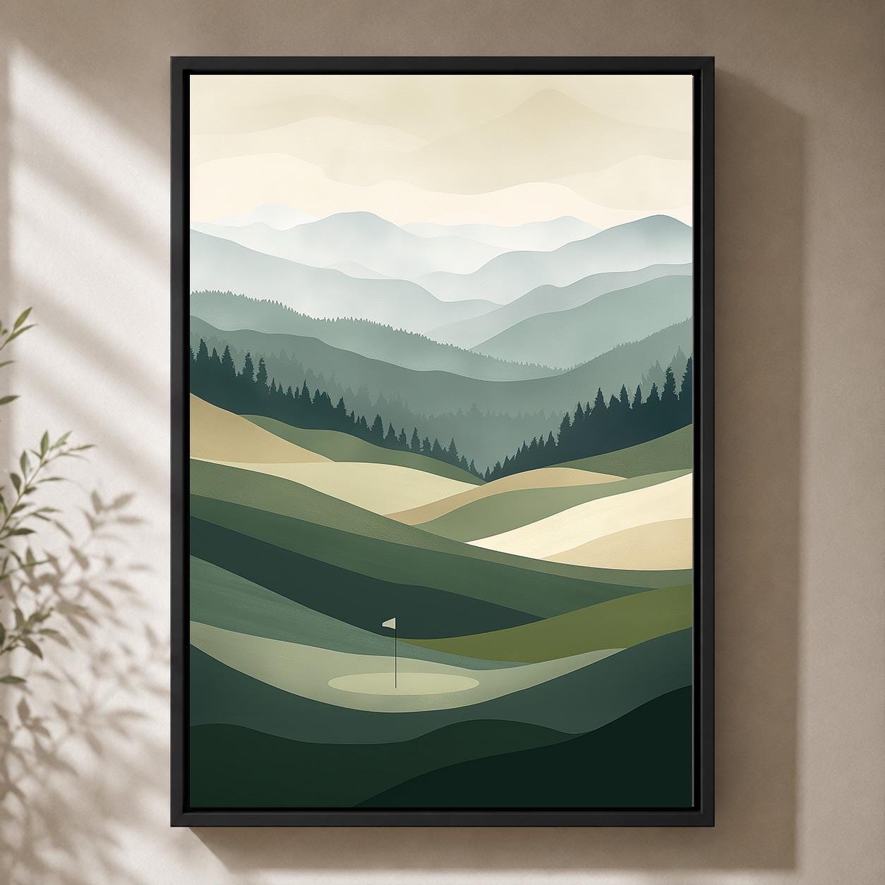 Golf Course Landscape Minimalist Green Mountain Framed Canvas by The Wall Art Studio - physical