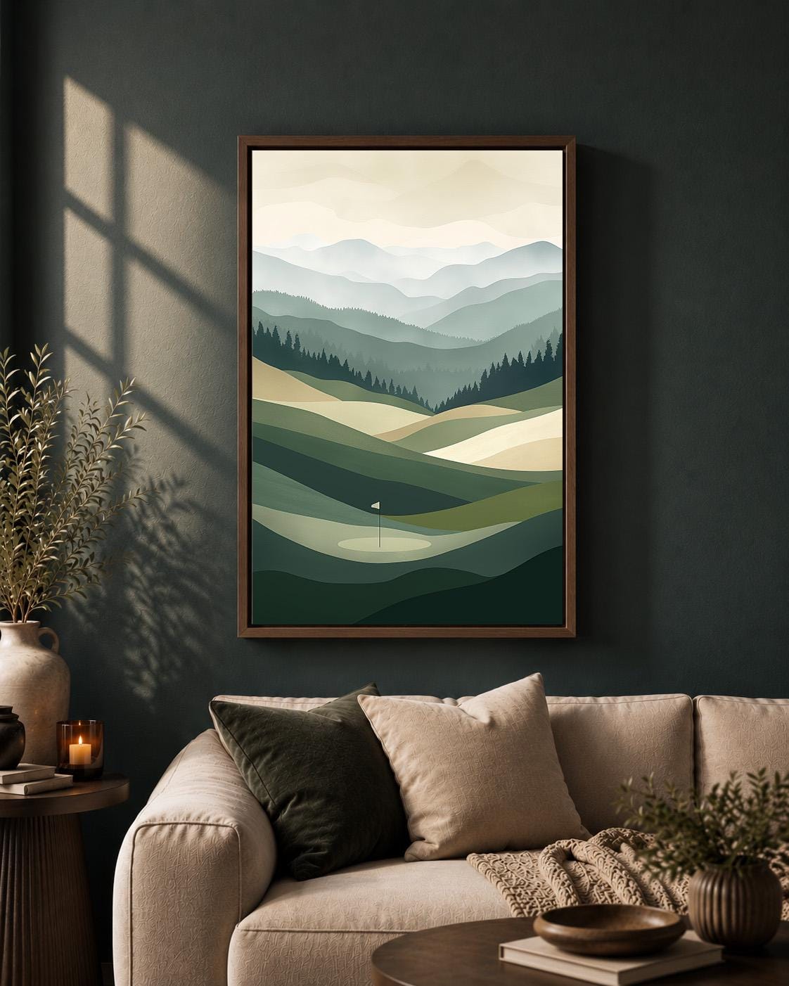 Golf Course Landscape Minimalist Green Mountain Framed Canvas by The Wall Art Studio - physical
