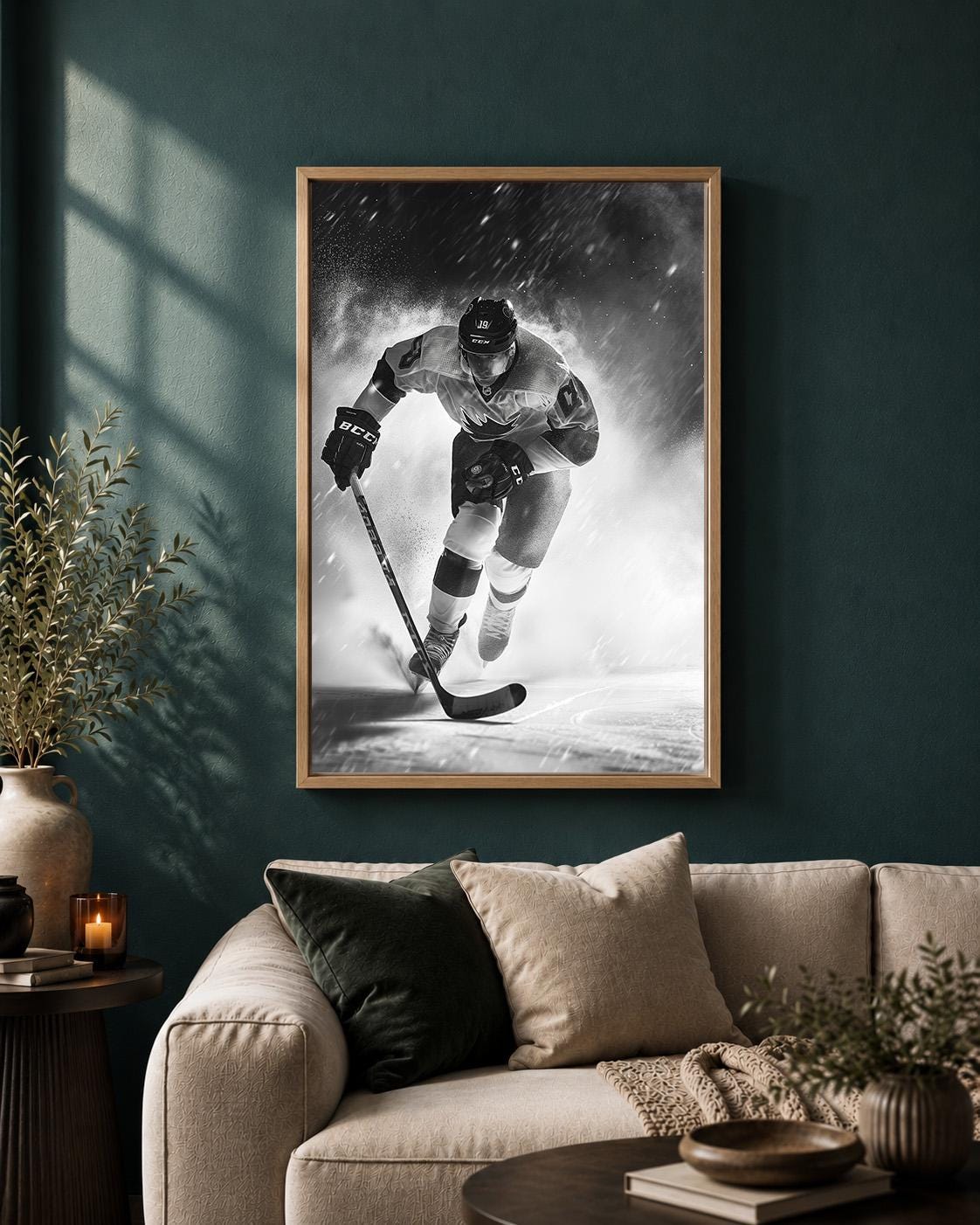 Black and White Hockey Player Action Sports Framed Canvas by The Wall Art Studio - physical