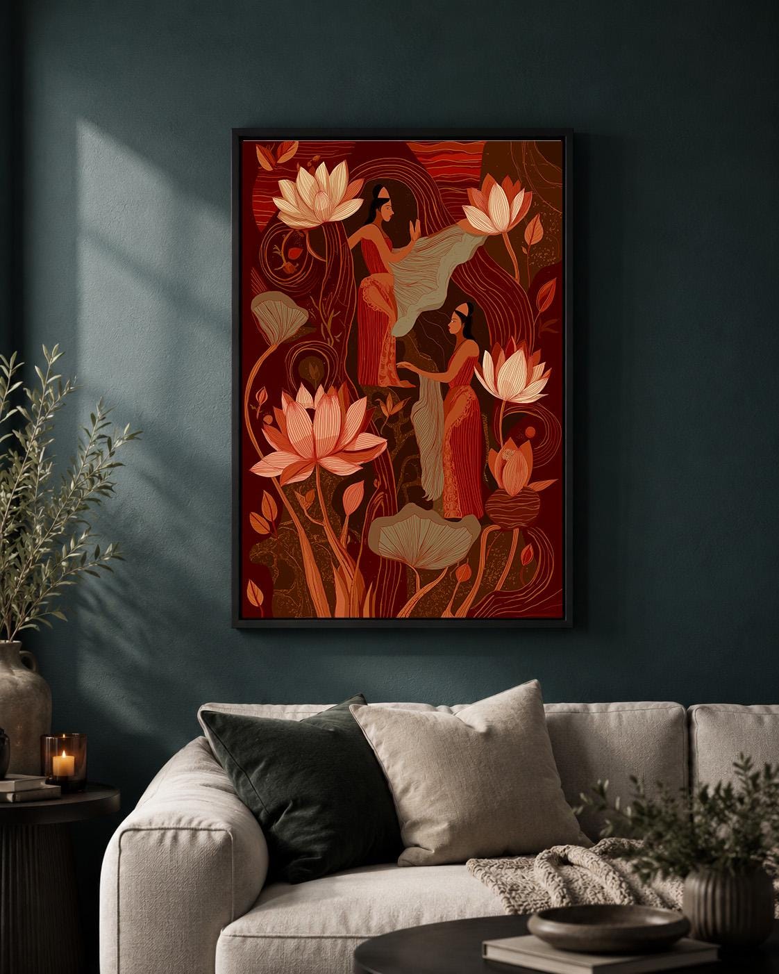 Indian InspiredLotus Flower Women Terracotta Boho Framed Canvas by The Wall Art Studio - physical