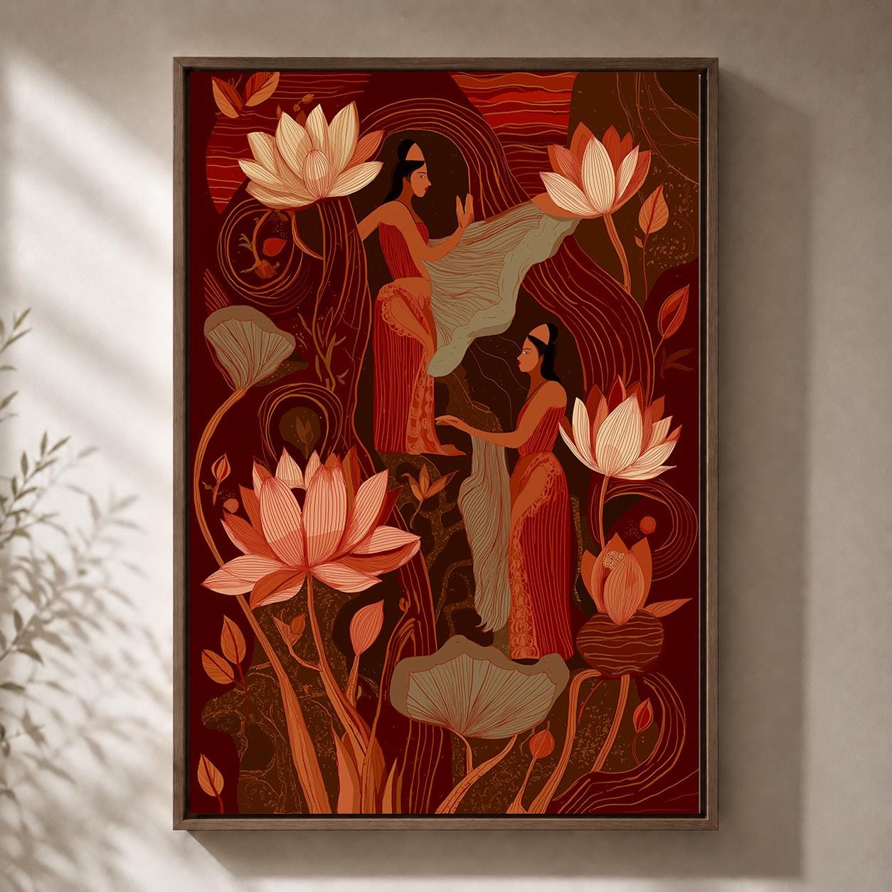 Indian InspiredLotus Flower Women Terracotta Boho Framed Canvas by The Wall Art Studio - physical