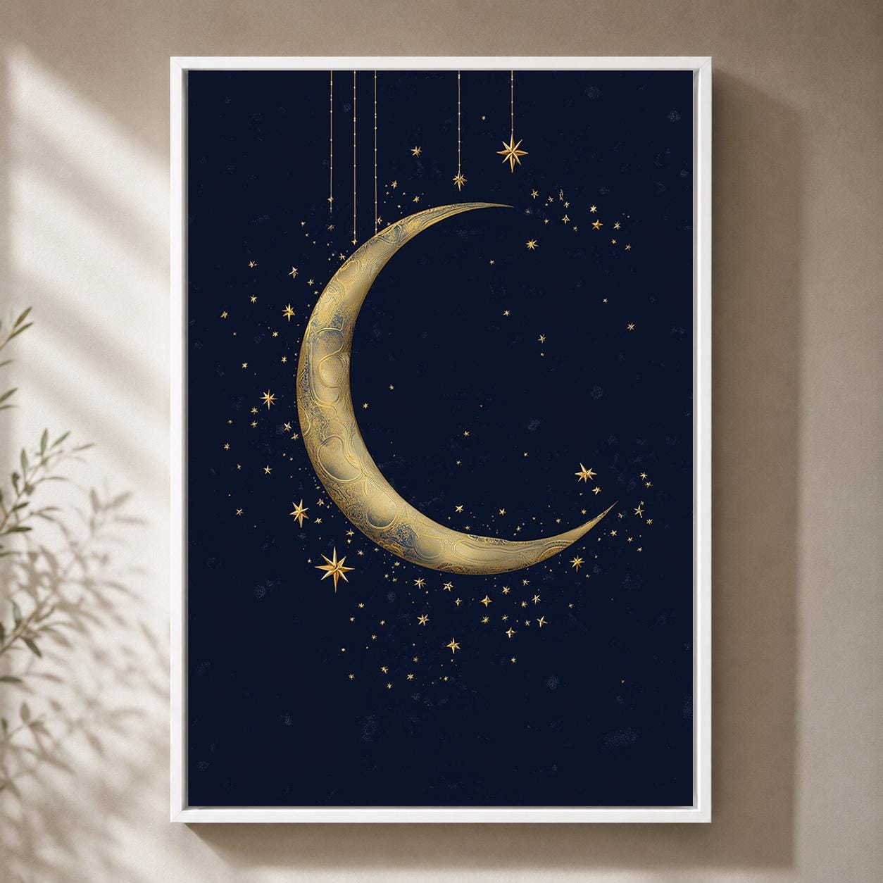 Gold Crescent Moon Celestial Navy Blue Stars Islamic Spiritual Framed Canvas by The Wall Art Studio - physical