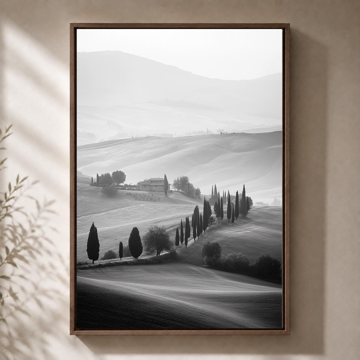 Black and White Tuscany Landscape Cypress Tree Italian Countryside Framed Canvas by The Wall Art Studio - physical