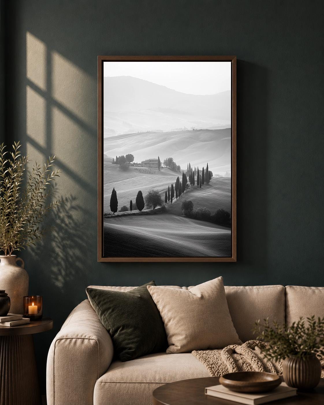 Black and White Tuscany Landscape Cypress Tree Italian Countryside Framed Canvas by The Wall Art Studio - physical