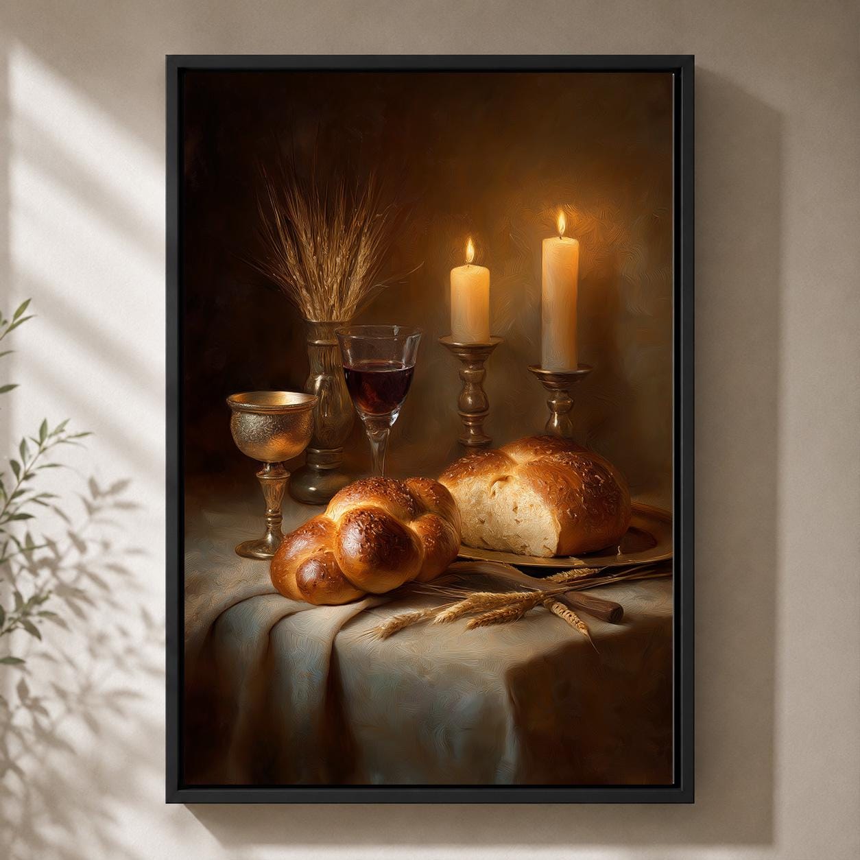 Jewish Shabbat Challah Bread Sabbath Candle Still Life Framed Canvas by The Wall Art Studio - physical