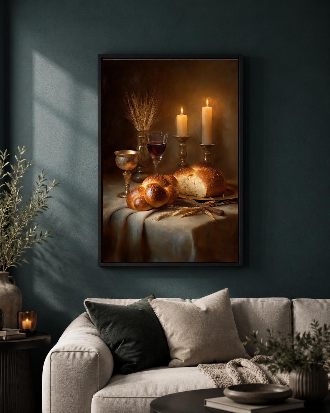 Jewish Shabbat Challah Bread Sabbath Candle Still Life Framed Canvas by The Wall Art Studio - physical