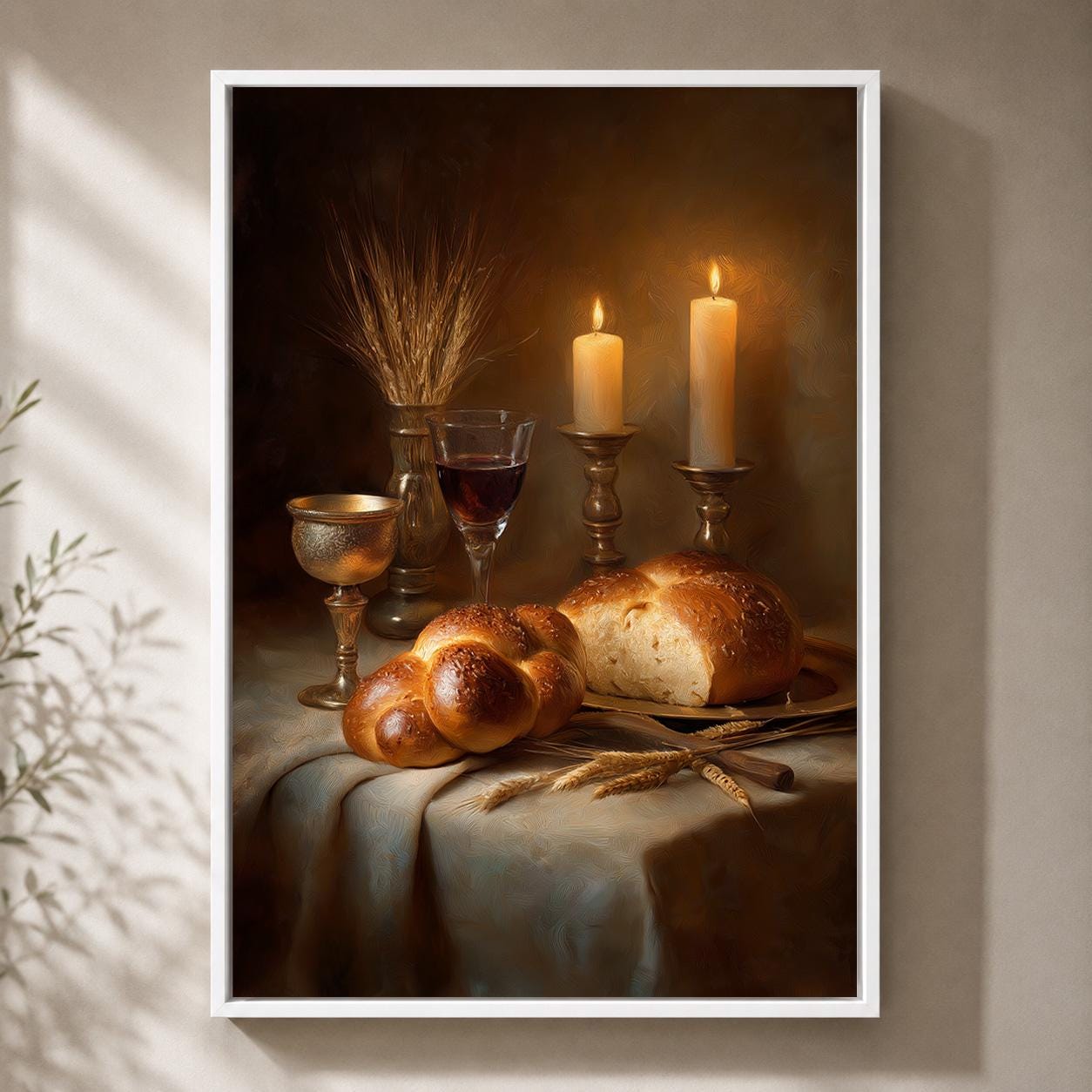 Jewish Shabbat Challah Bread Sabbath Candle Still Life Framed Canvas by The Wall Art Studio - physical