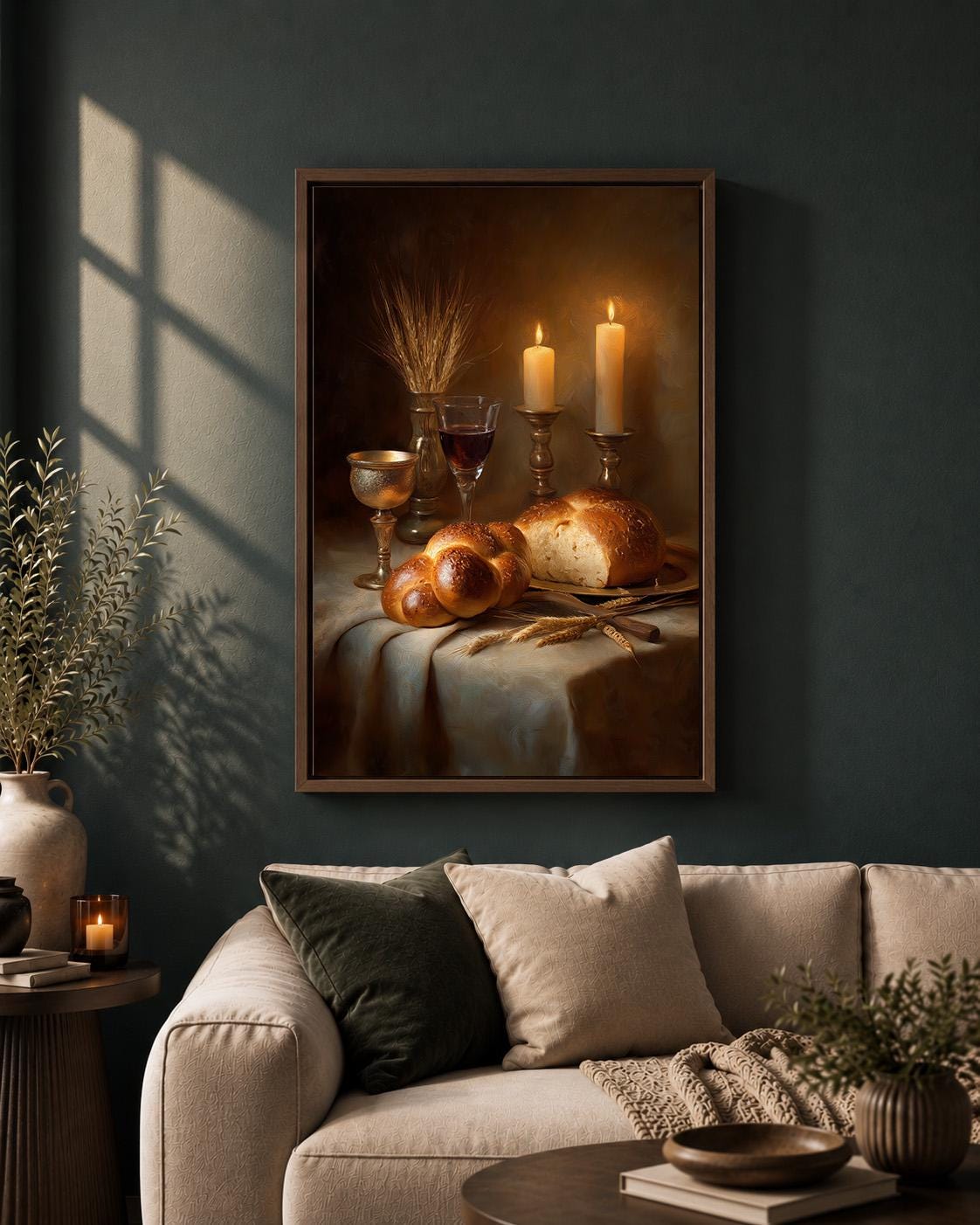 Jewish Shabbat Challah Bread Sabbath Candle Still Life Framed Canvas by The Wall Art Studio - physical