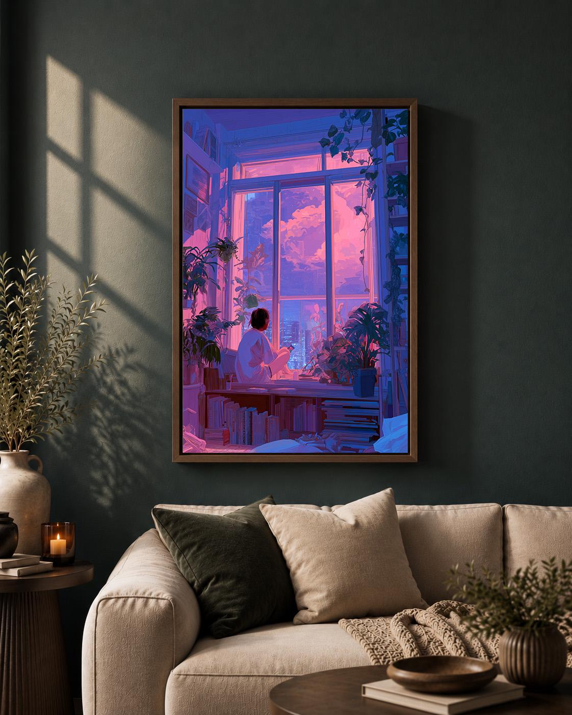 Lo-Fi Vaporwave Anime Inspired Neon City Window Framed Canvas by The Wall Art Studio - physical