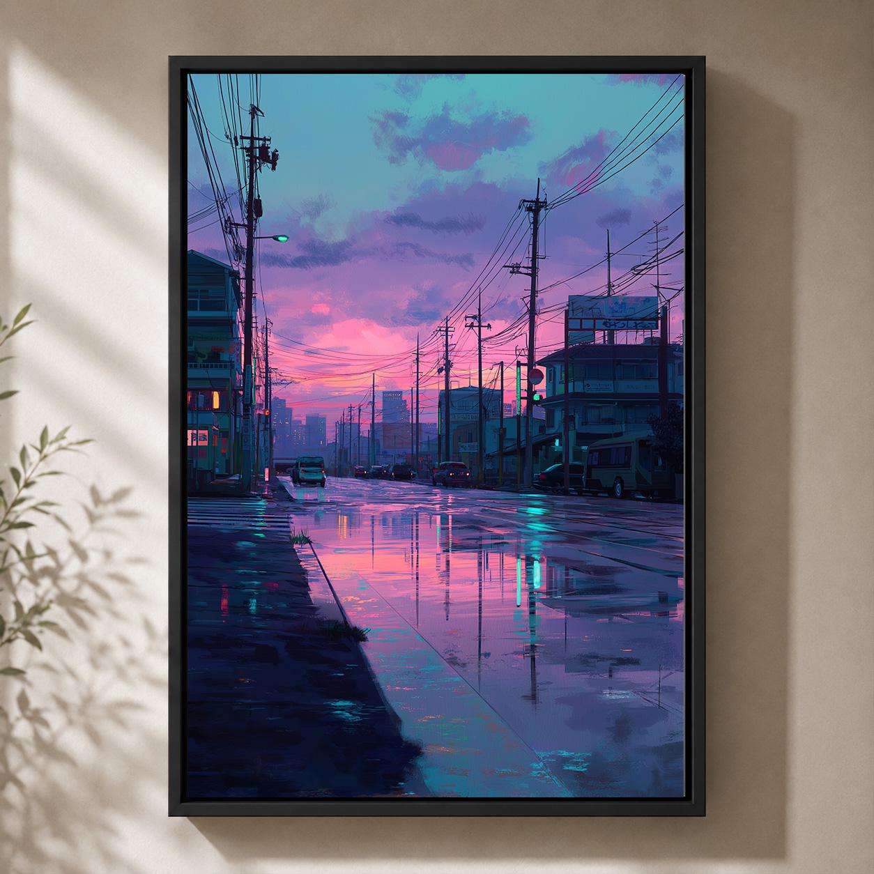Lo-Fi Vaporwave Japanese Street Neon Cityscape Rainy Night Framed Canvas by The Wall Art Studio - physical