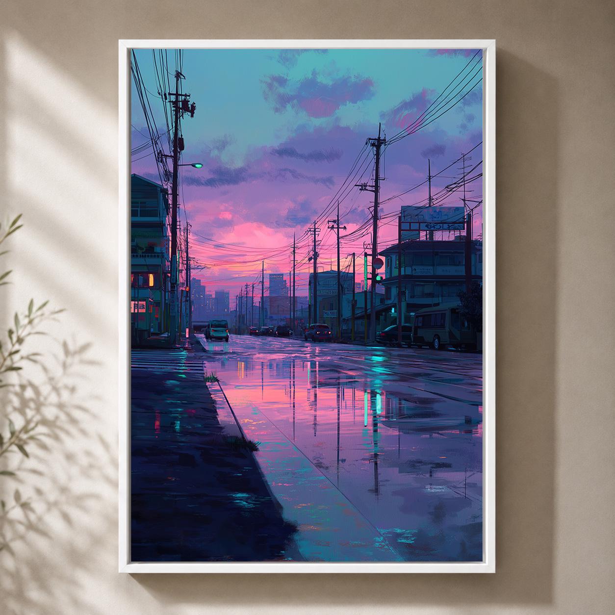 Lo-Fi Vaporwave Japanese Street Neon Cityscape Rainy Night Framed Canvas by The Wall Art Studio - physical