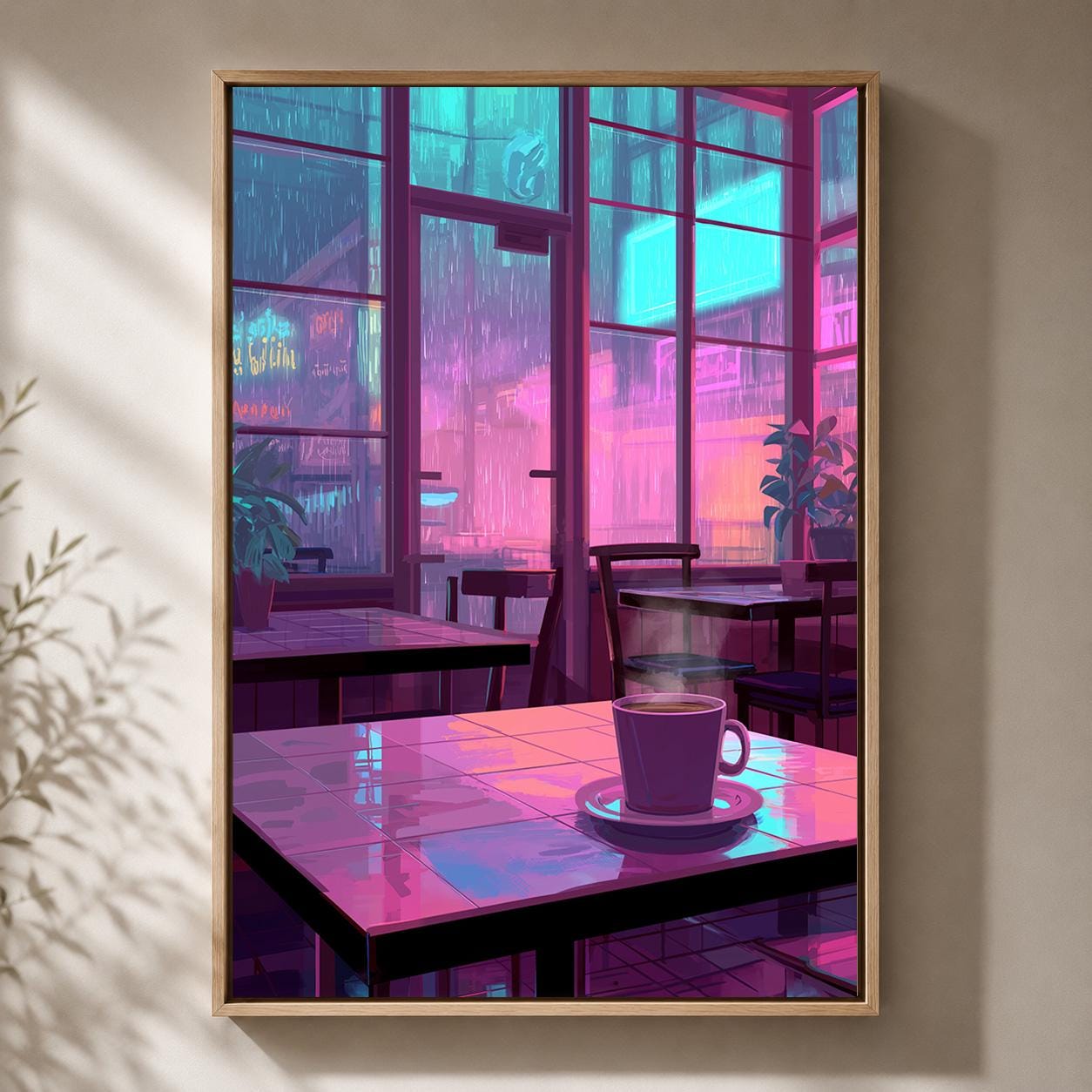 Lo-Fi Coffee Shop Neon Rainy Night Vaporwave Cafe Framed Canvas by The Wall Art Studio - physical