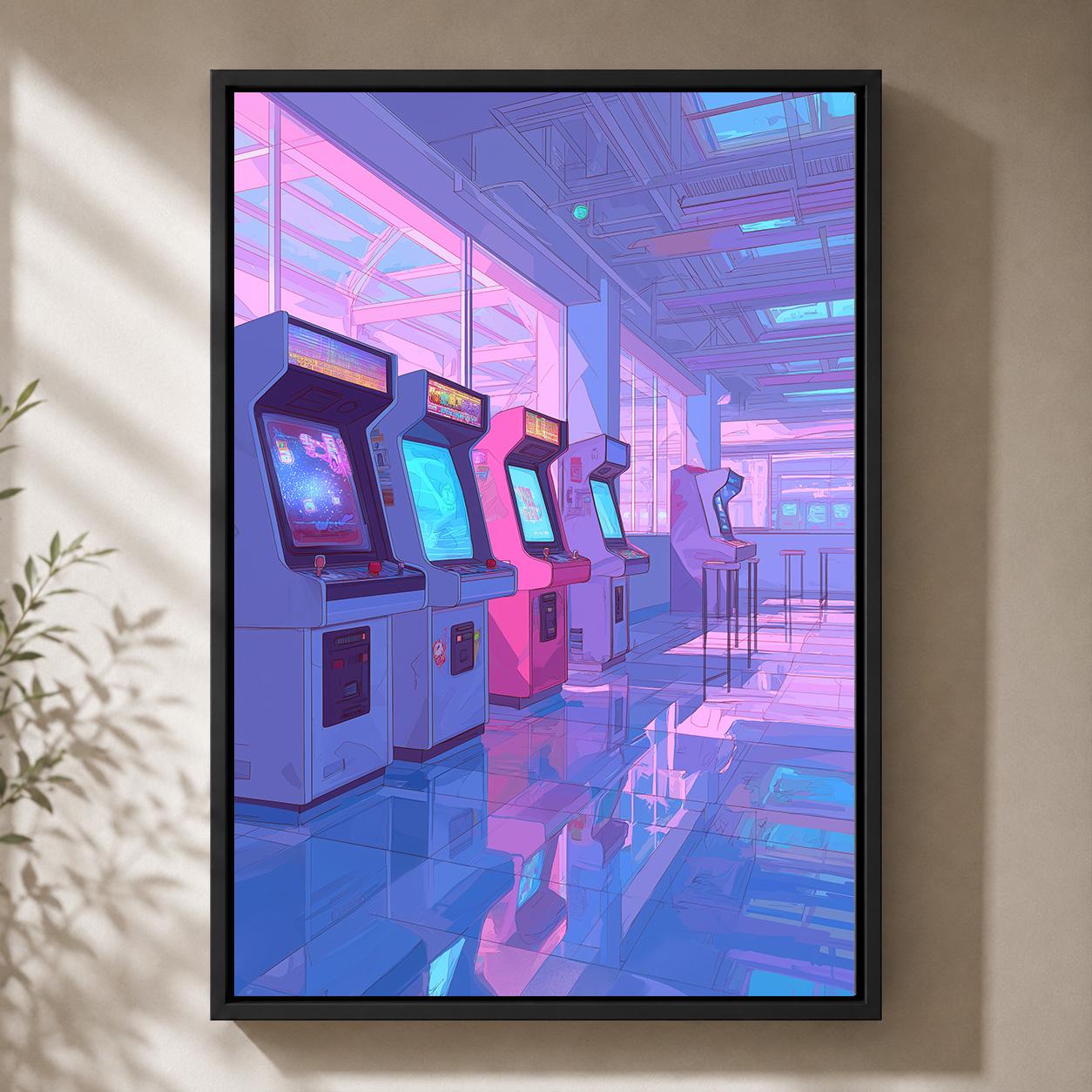 Lo-Fi Retro Arcade Vaporwave Gaming Pink & Blue Neon Arcade Framed Canvas by The Wall Art Studio - physical