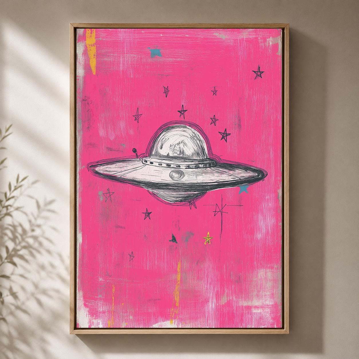 UFO Pink Retro Sci Fi Flying Saucer Mixed Media Celestial Framed Canvas by The Wall Art Studio - physical