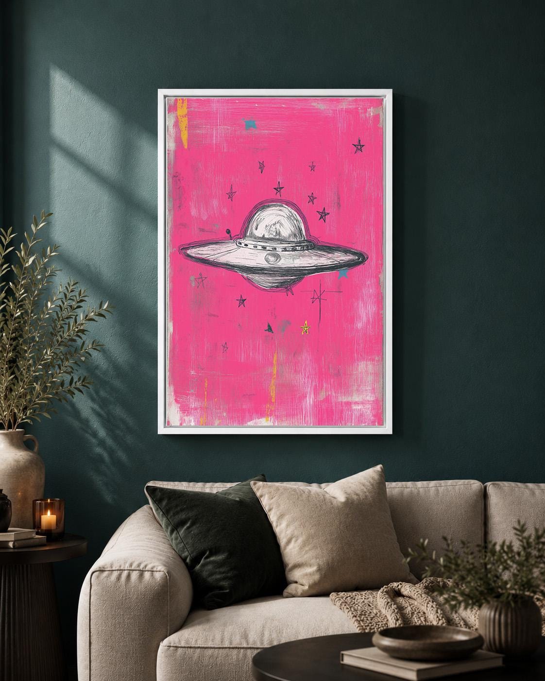 UFO Pink Retro Sci Fi Flying Saucer Mixed Media Celestial Framed Canvas by The Wall Art Studio - physical