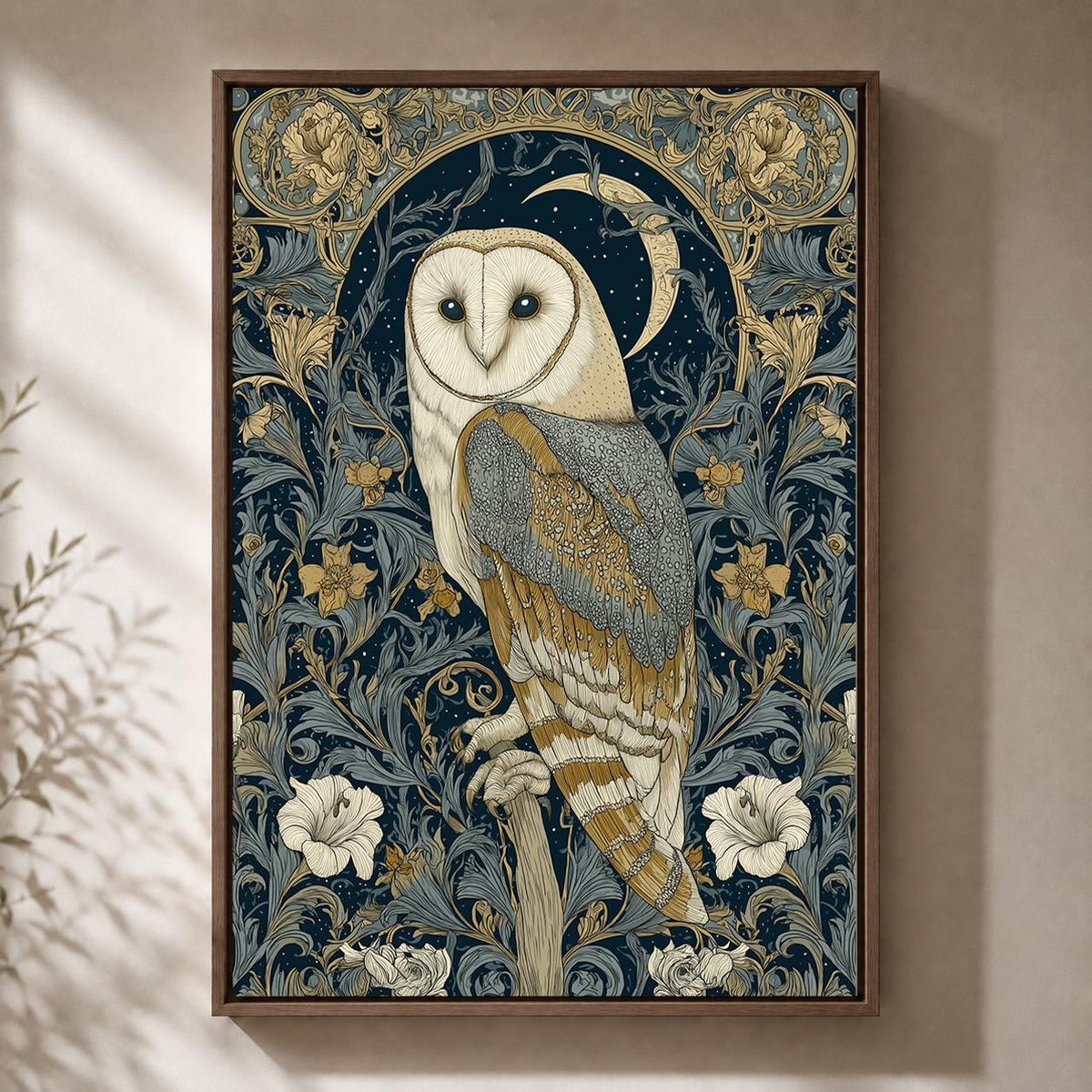 Art Nouveau Barn Owl Floral Celestial Moon Framed Canvas by The Wall Art Studio - physical