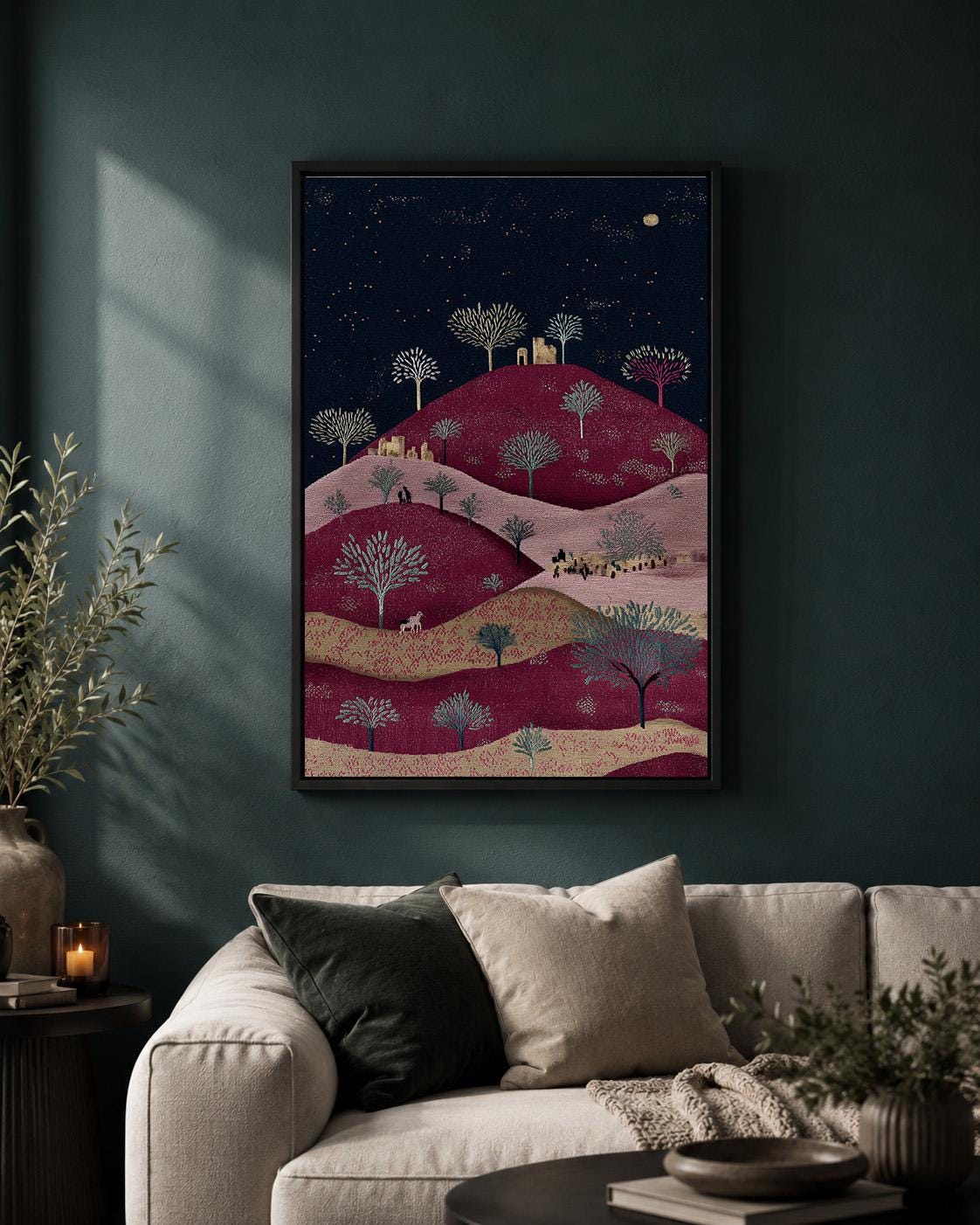 Palestinian Landscape Embroidered Folk Art Hills Framed Canvas by The Wall Art Studio - physical