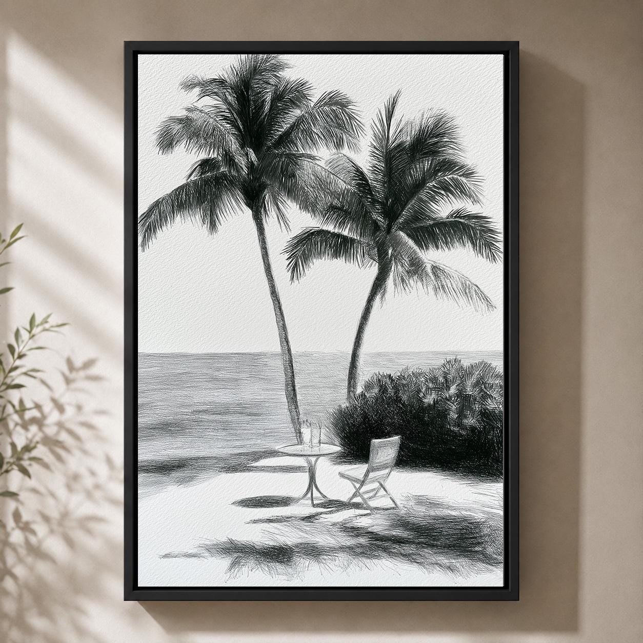 Black and White Palm Tree Sketch Tropical Beach Framed Canvas by The Wall Art Studio - physical