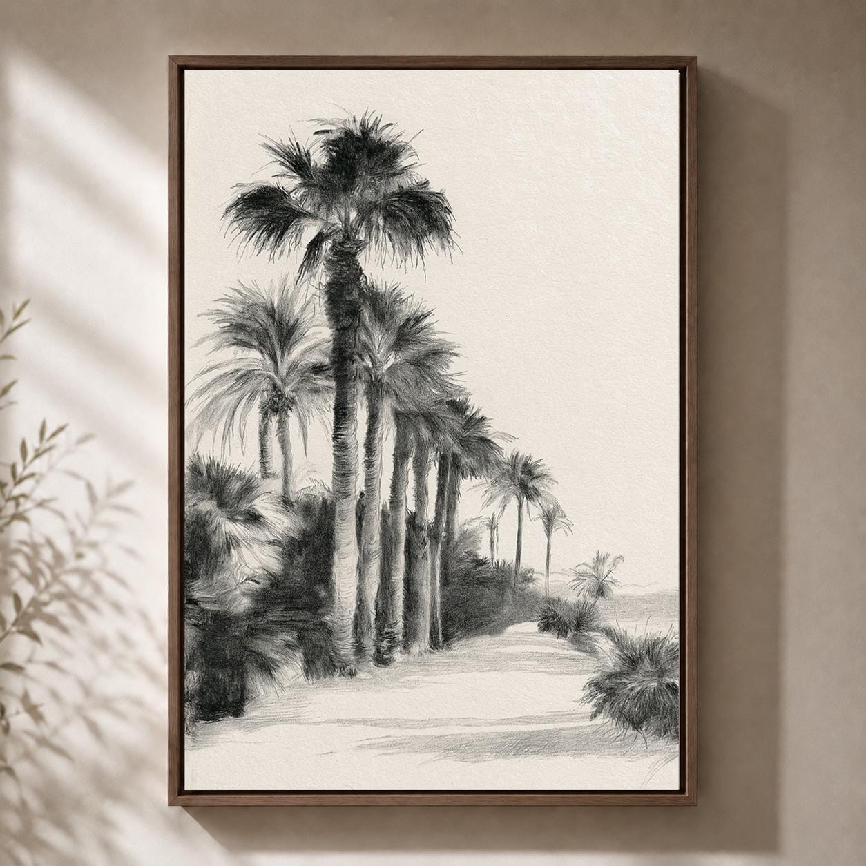Black and White Palm Tree Tropical Beach Minimalist Seaside Framed Canvas by The Wall Art Studio - physical