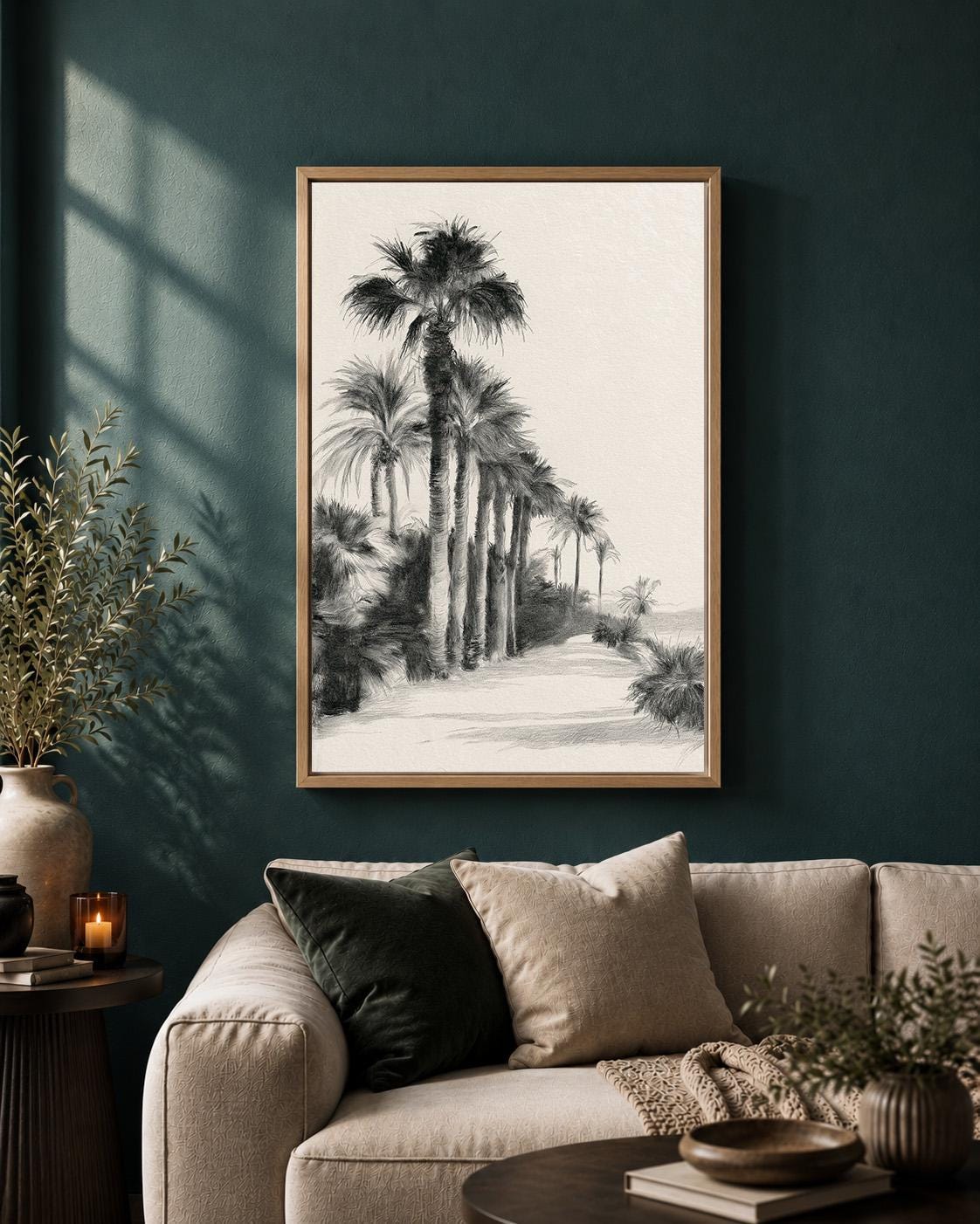 Black and White Palm Tree Tropical Beach Minimalist Seaside Framed Canvas by The Wall Art Studio - physical