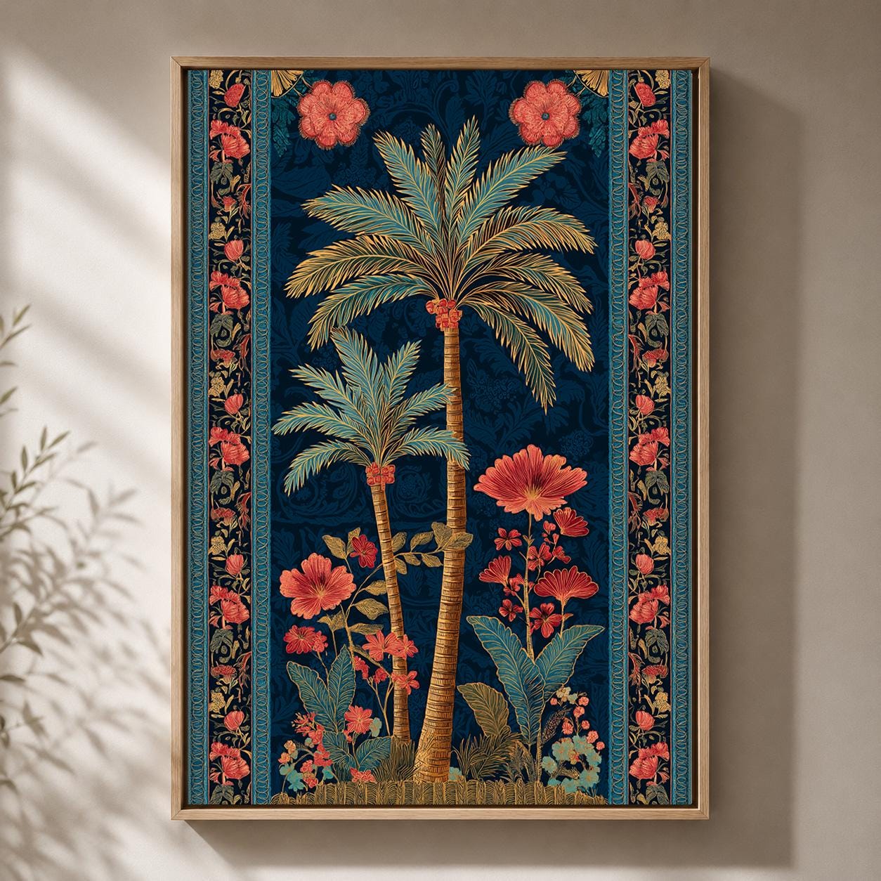 Tropical Palm Tree Floral Botanical Dark Blue and Coral Maximalist Framed Canvas by The Wall Art Studio - physical
