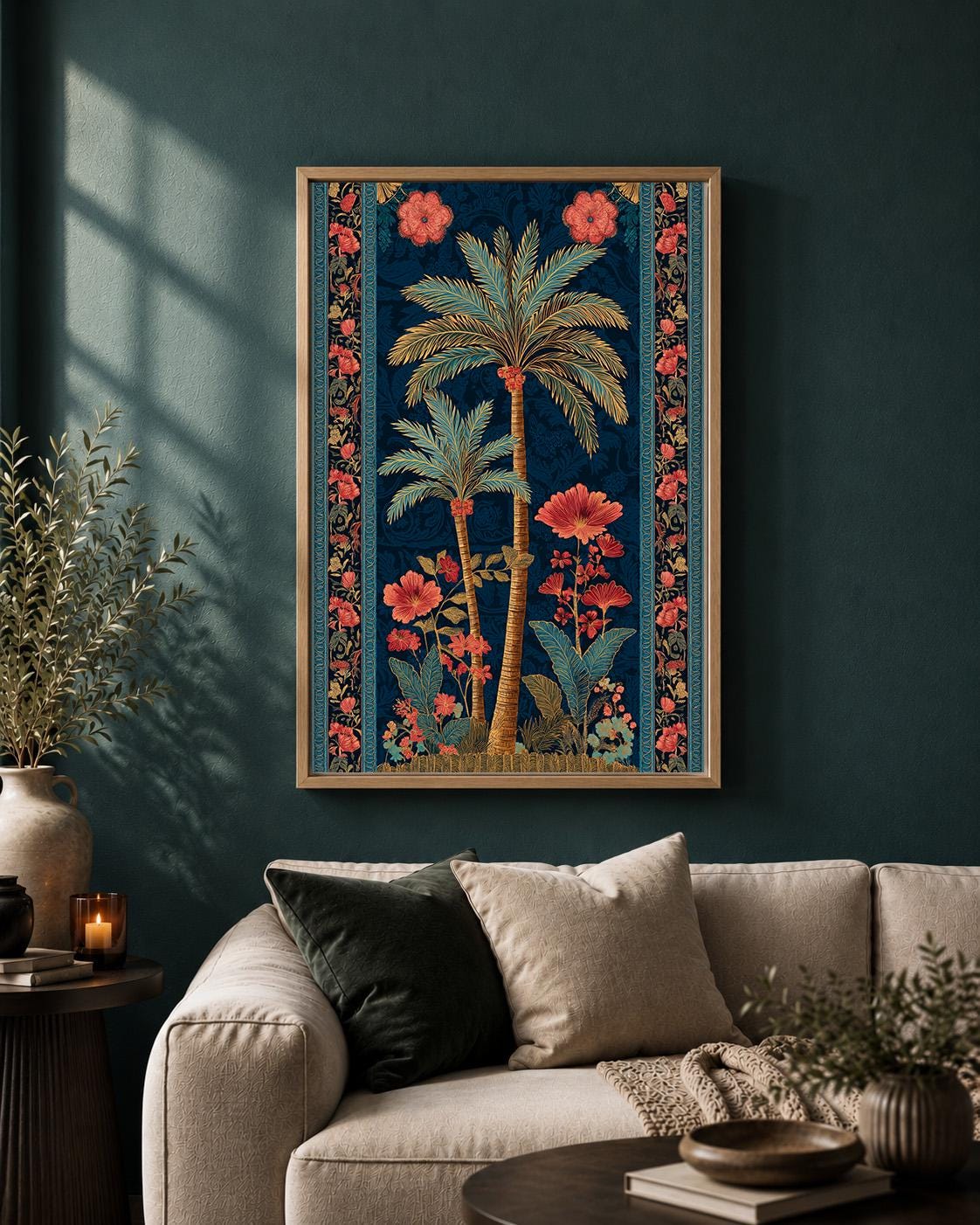Tropical Palm Tree Floral Botanical Dark Blue and Coral Maximalist Framed Canvas by The Wall Art Studio - physical