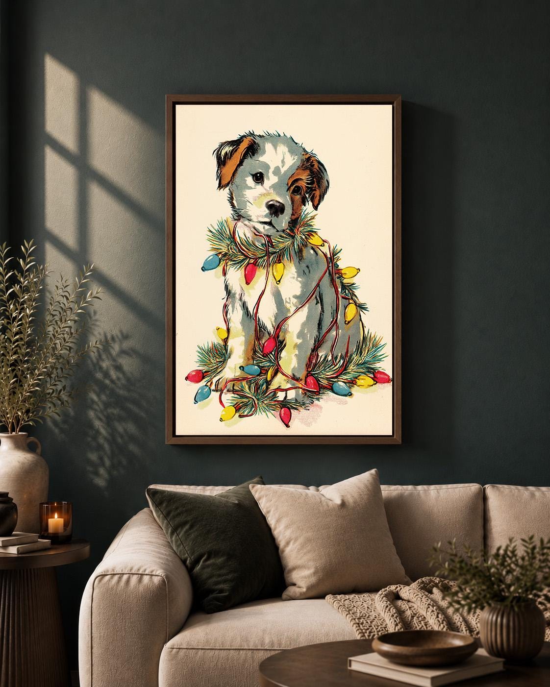 Christmas Puppy Festive Dog in Colourful Christmas Lights Framed Canvas by The Wall Art Studio - physical