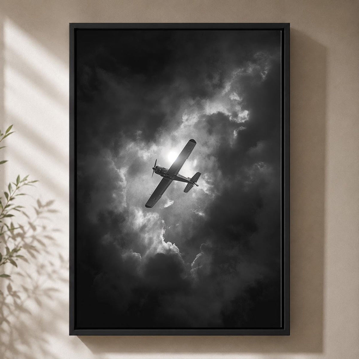 Black and White Airplane Vintage Aircraft Moody Aviation Framed Canvas by The Wall Art Studio - physical
