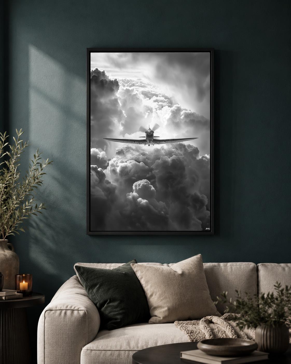 Black and White Airplane Moody Aviation Framed Canvas by The Wall Art Studio - physical