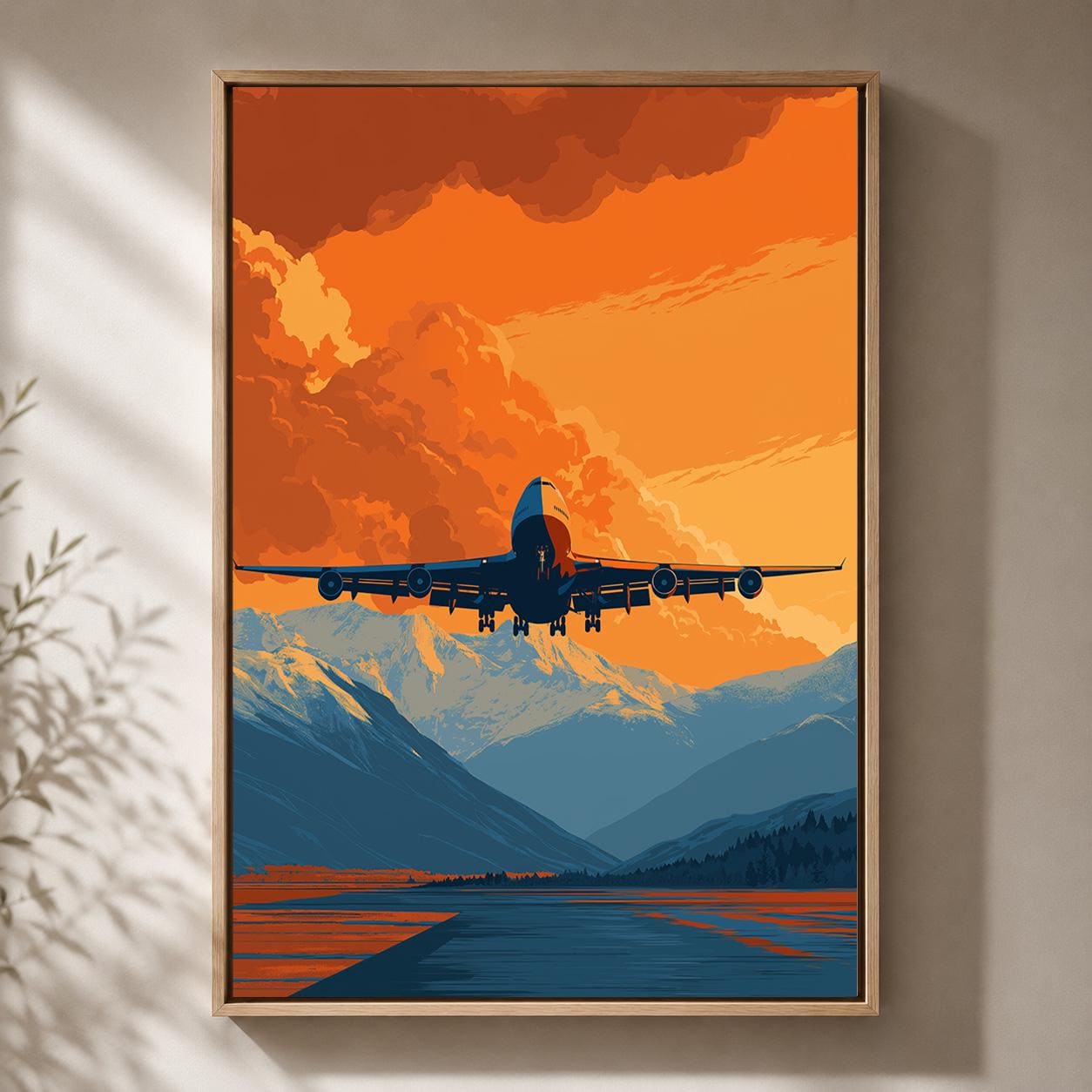 Airplane Orange Sunset Mountain Travel Retro Plane Framed Canvas by The Wall Art Studio - physical