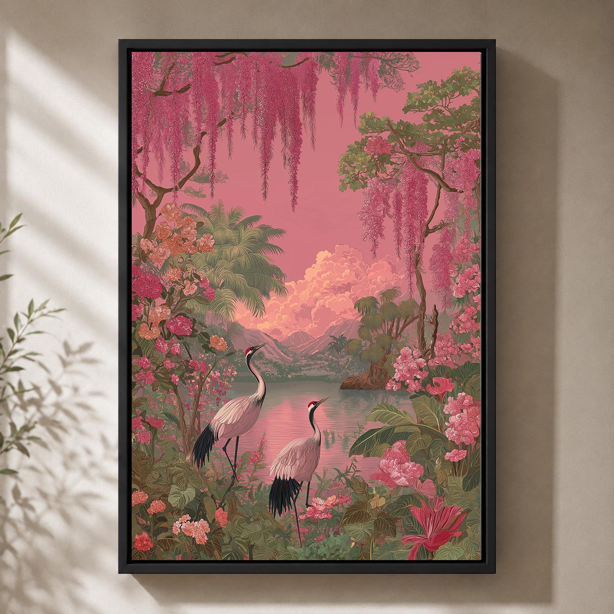 Pink Flamingo Tropical Coastal Palm Tree Vintage Paradise Landscape Framed Canvas