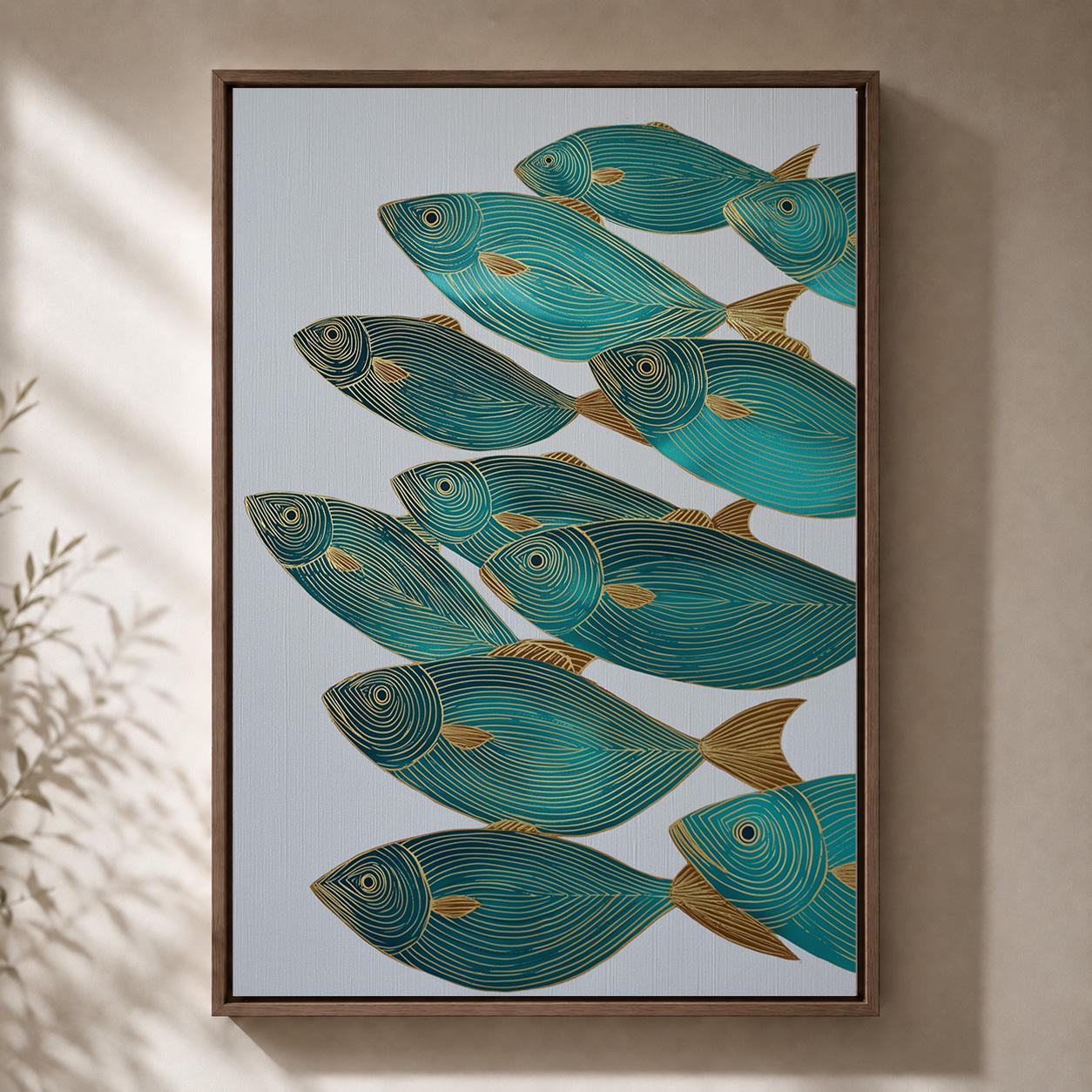 Teal &Gold Fish Coastal Nautical Modern Ocean Framed Canvas