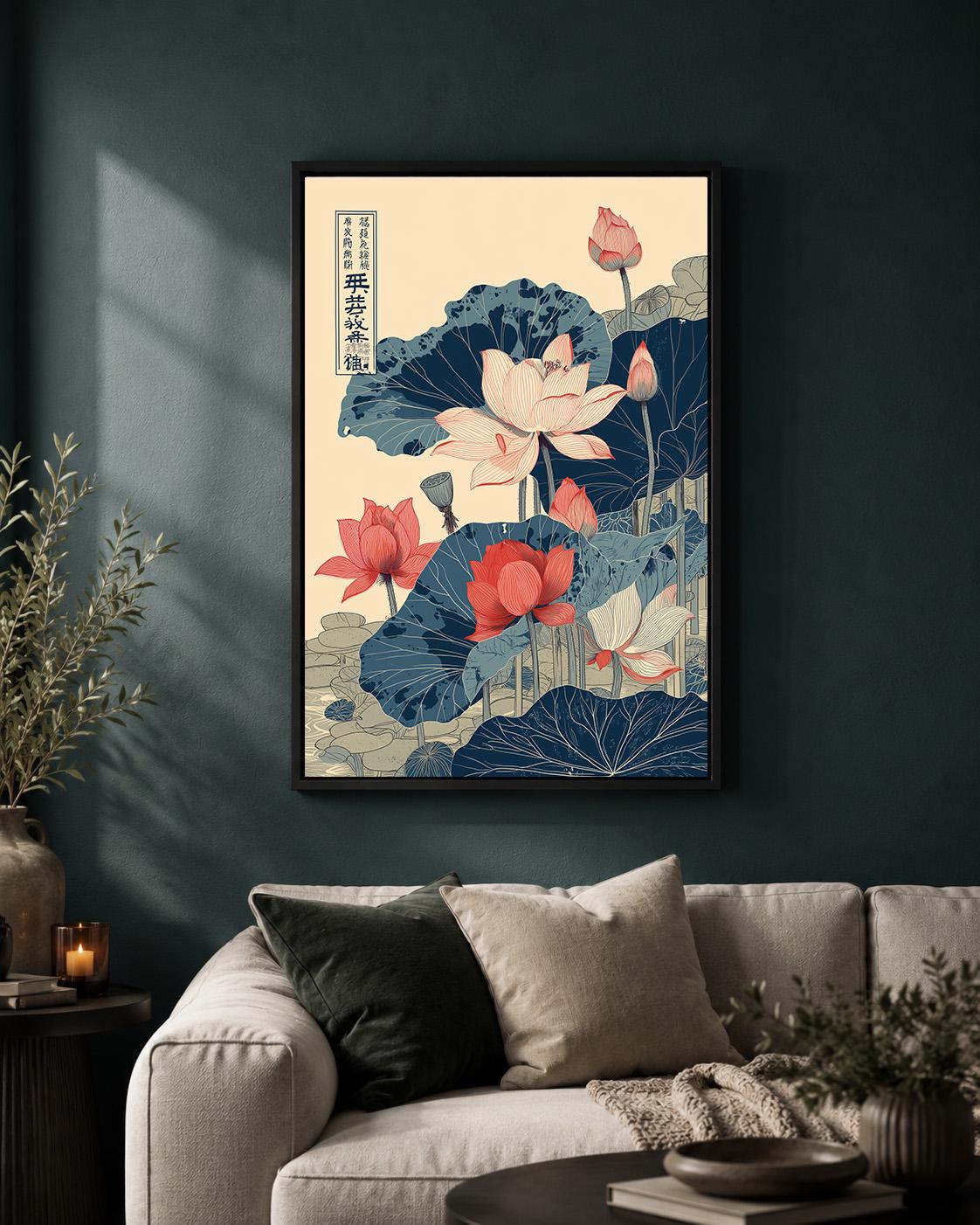 Japanese Lotus Floral Red & Blue Oriental Botanical Framed Canvas