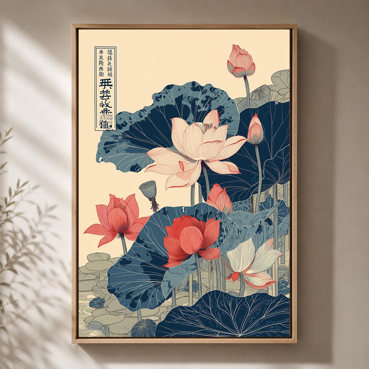 Japanese Lotus Floral Red & Blue Oriental Botanical Framed Canvas