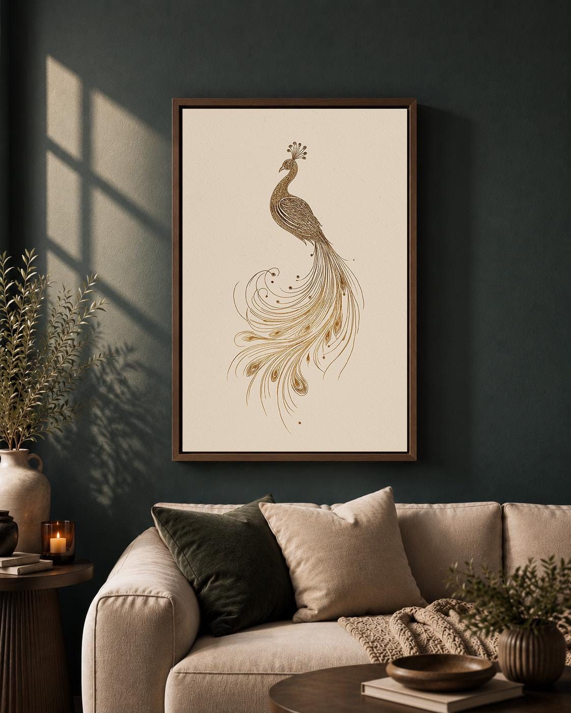 Gold Peacock Line Art Minimalist Bird Art Deco Framed Canvas
