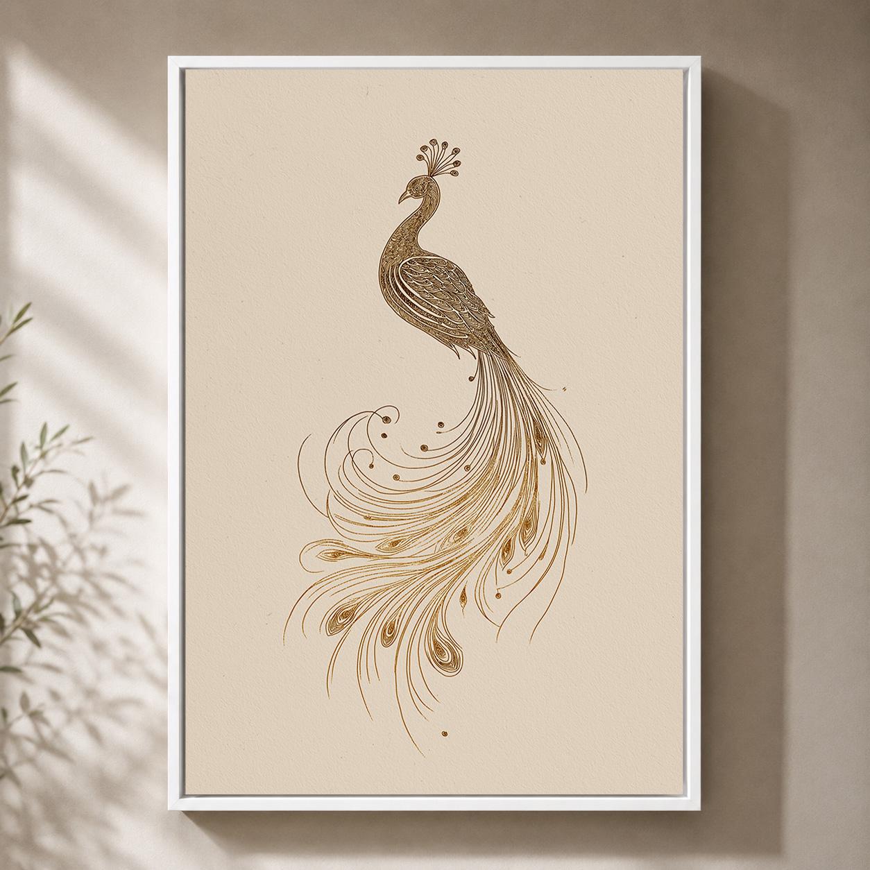 Gold Peacock Line Art Minimalist Bird Art Deco Framed Canvas